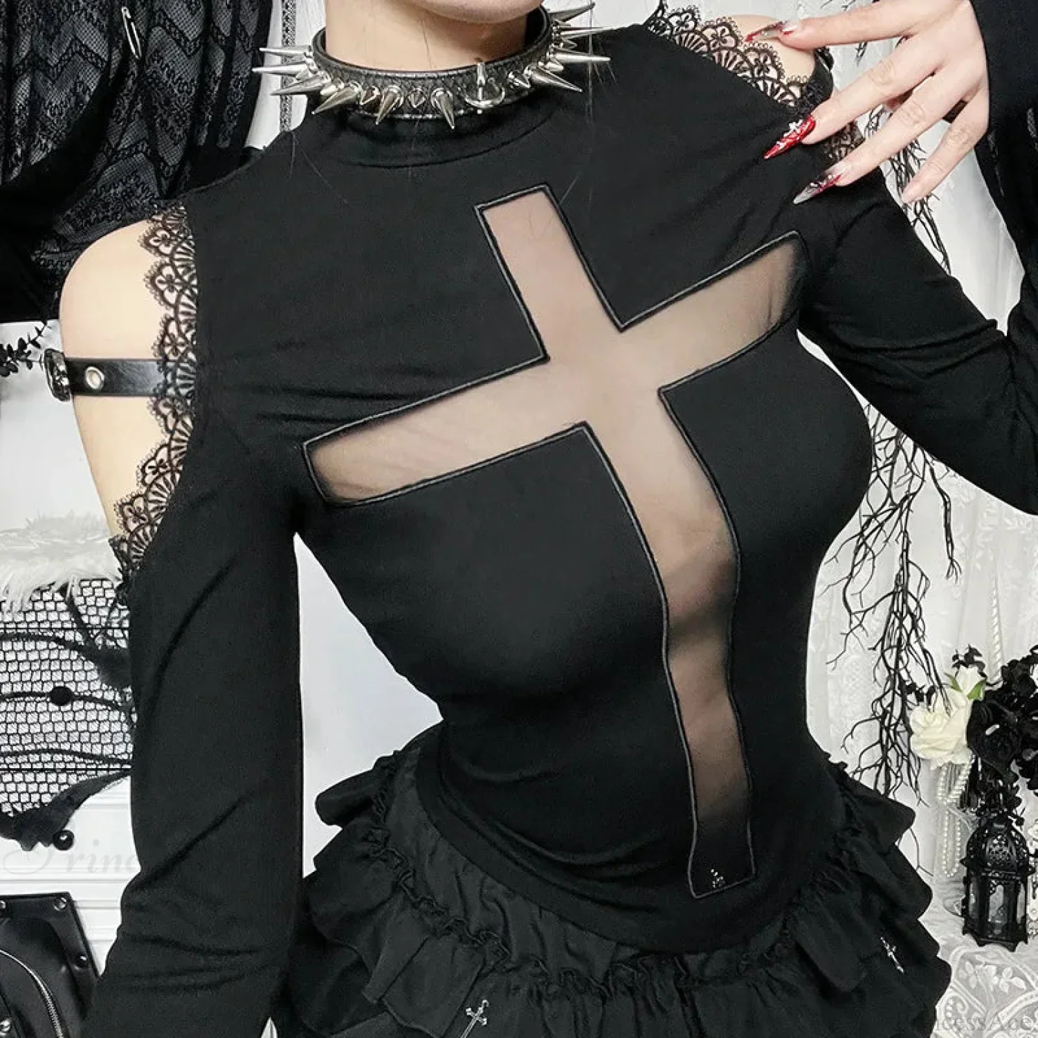 Dark Lace Patchwork Blouse - Image 3