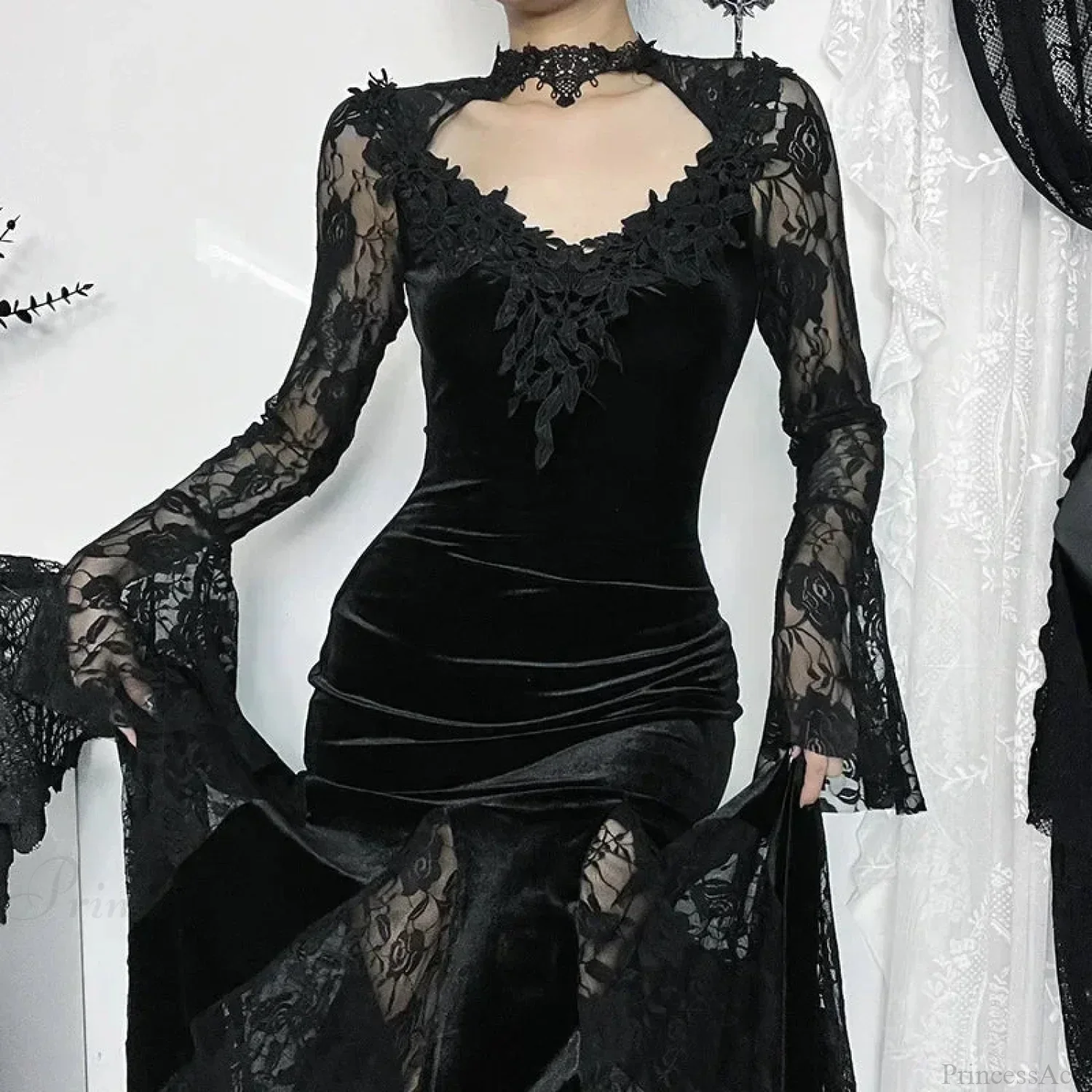 Dark Lace Trumpet Slim Midi Dress - Image 2