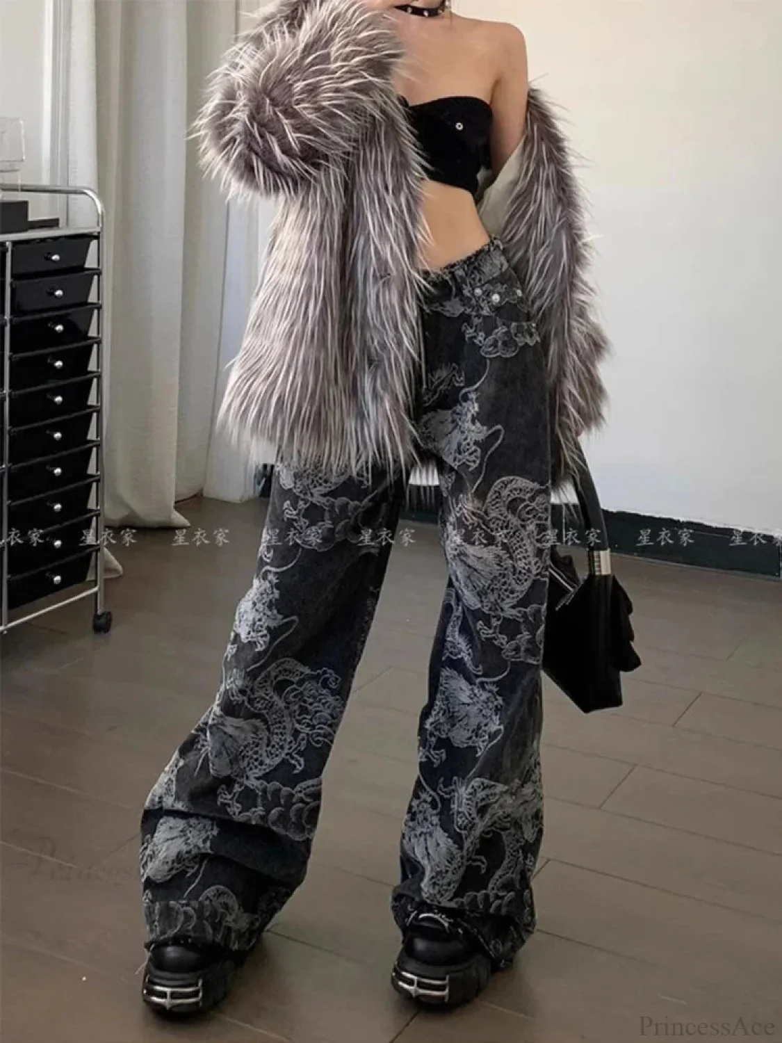 Dark Medieval Dragon Print Loose Trousers - Image 3