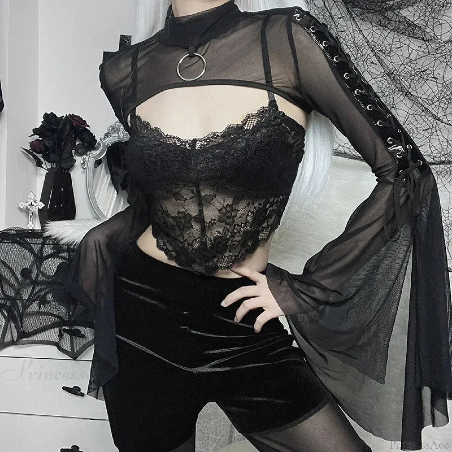 Dark Net Lace Up Flared Shirt - Image 3