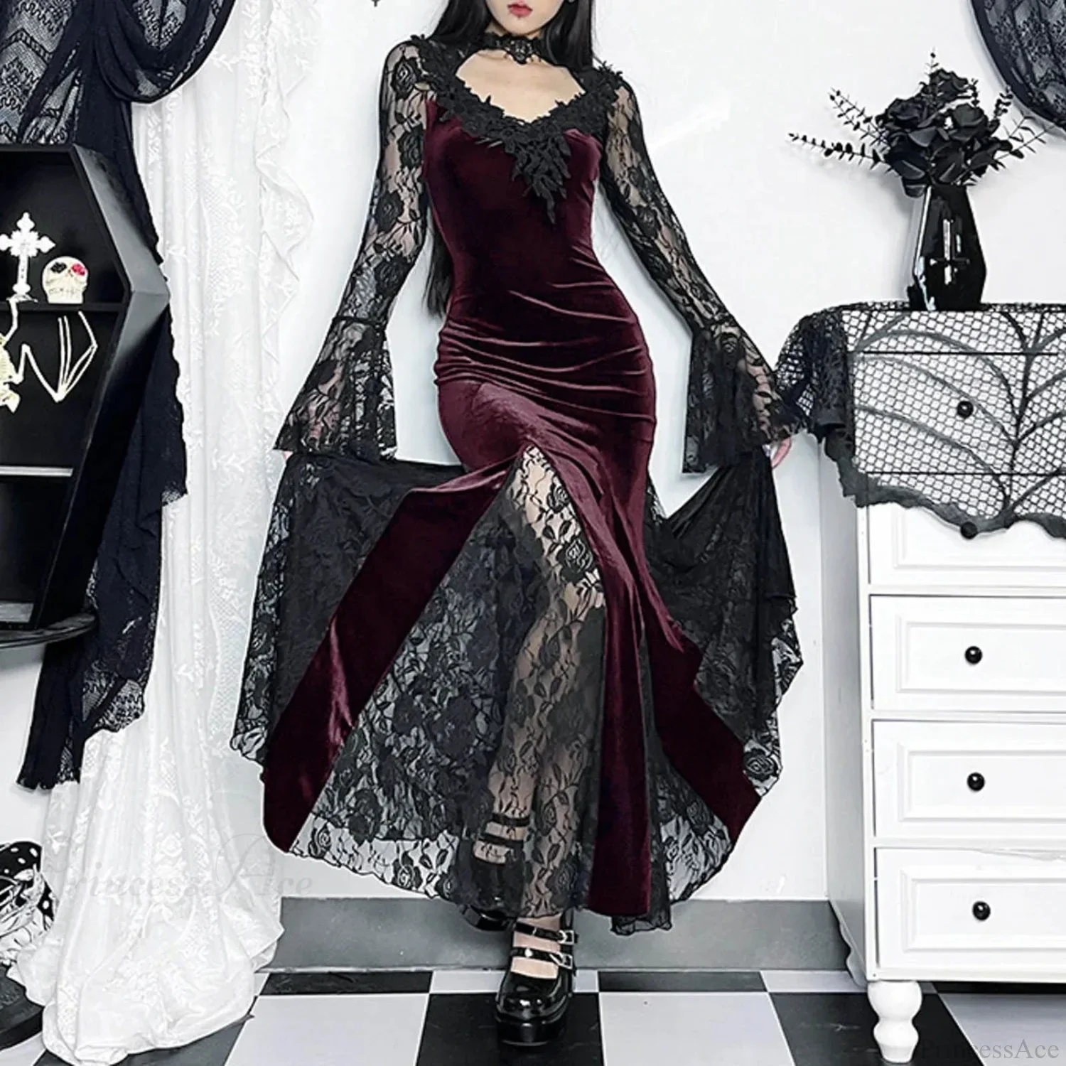 Dark Plaid Elegant Short Long Dress
