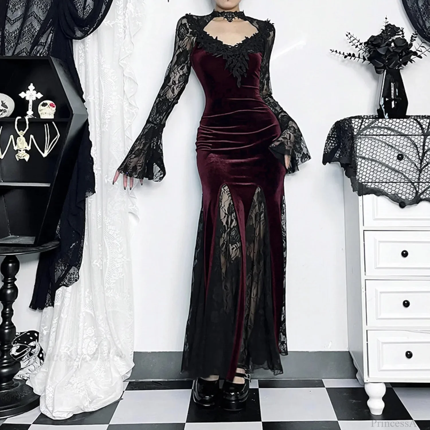 Dark Plaid Elegant Short Long Dress - Image 3