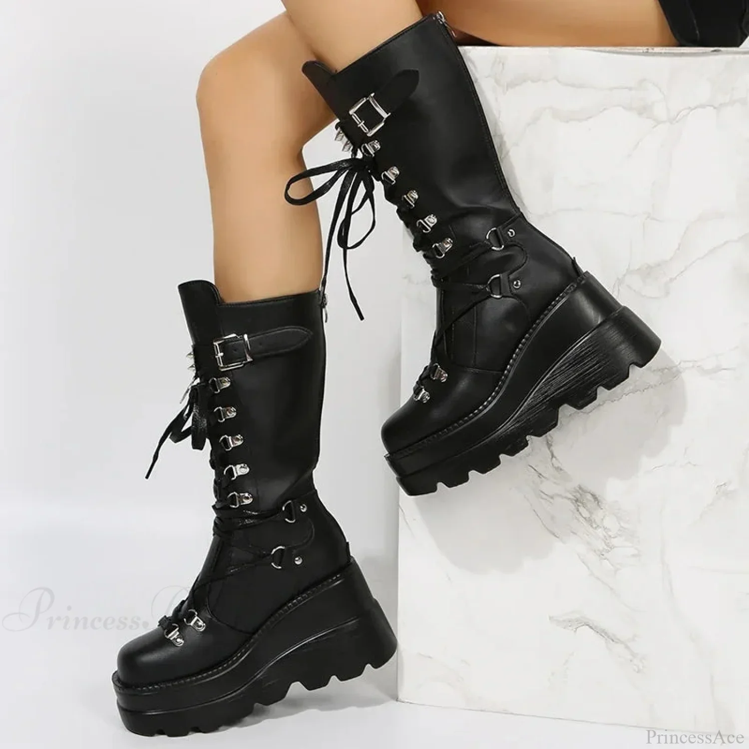 Dark Platform Motorcycle Rivet Battle Gothic Boot - Image 2