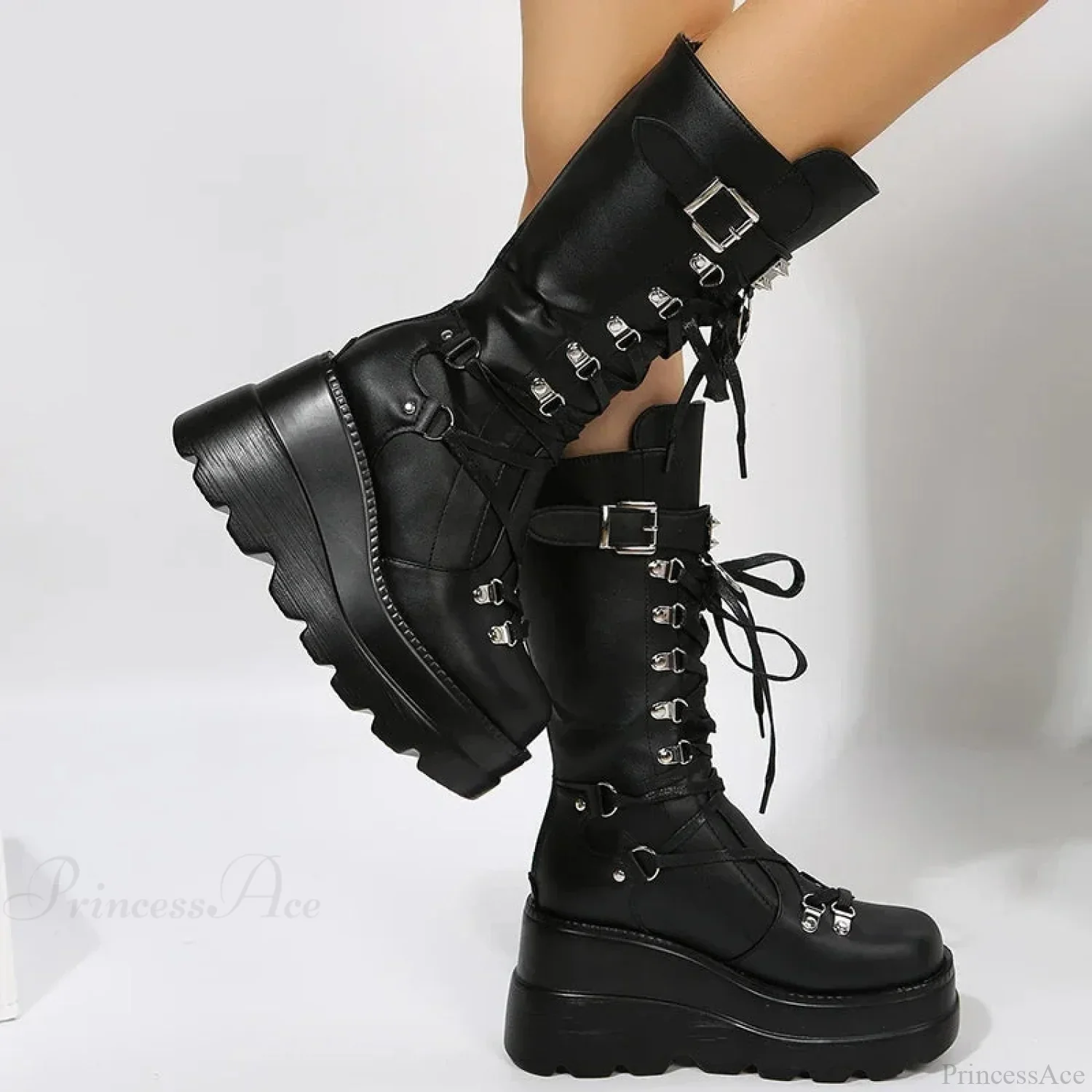 Dark Platform Motorcycle Rivet Battle Gothic Boot - Image 4