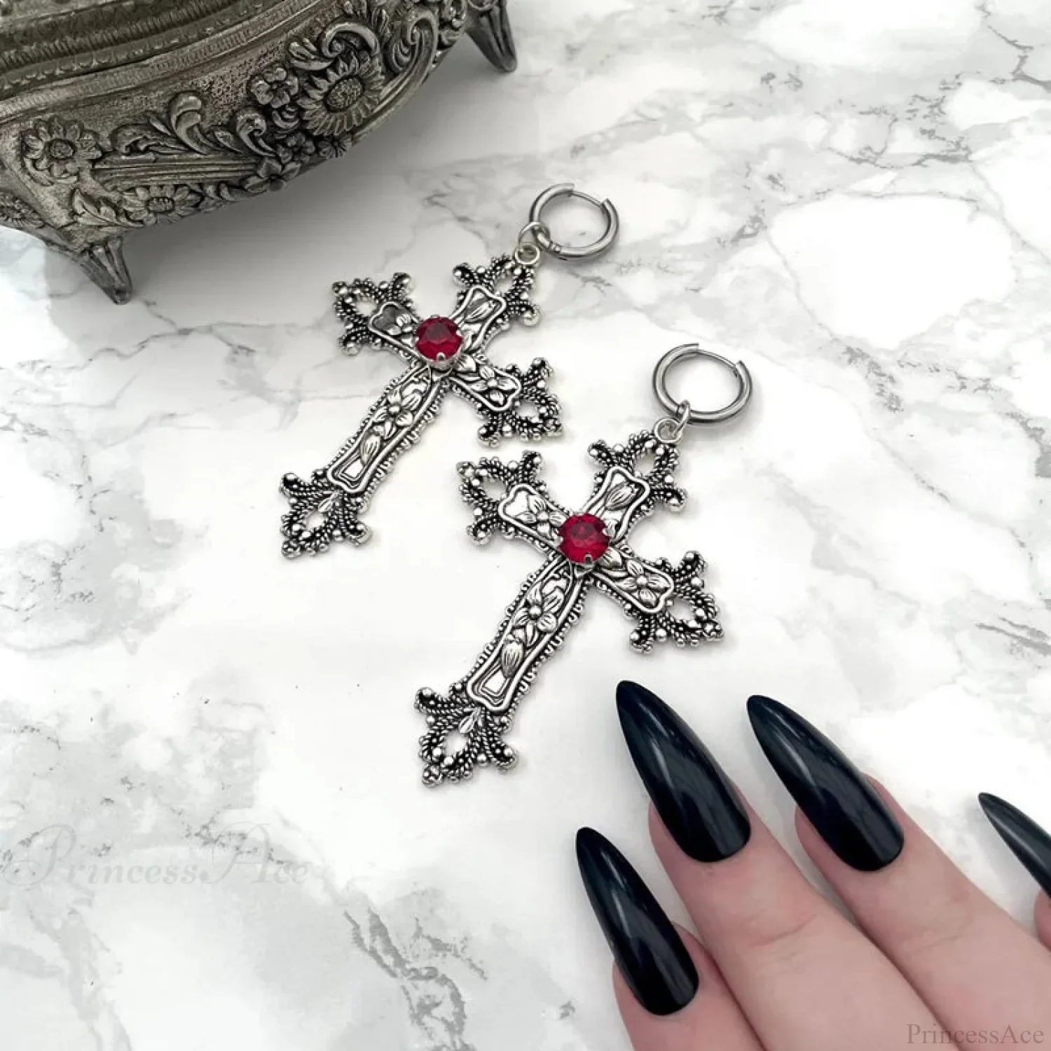 Dark Silver Gem Cross Marriage Declaration Earring - Image 2