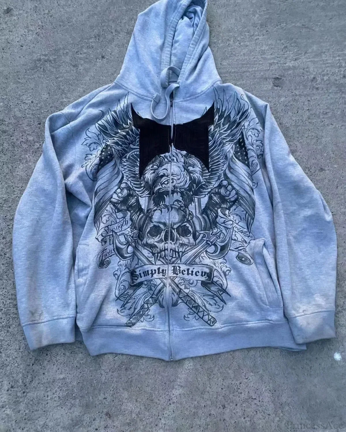 Dark Skull Print Grey Zip Hoodie - Image 3