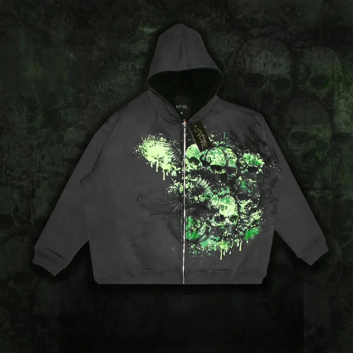 Dark Skull Print Zip Hoodie - Image 3