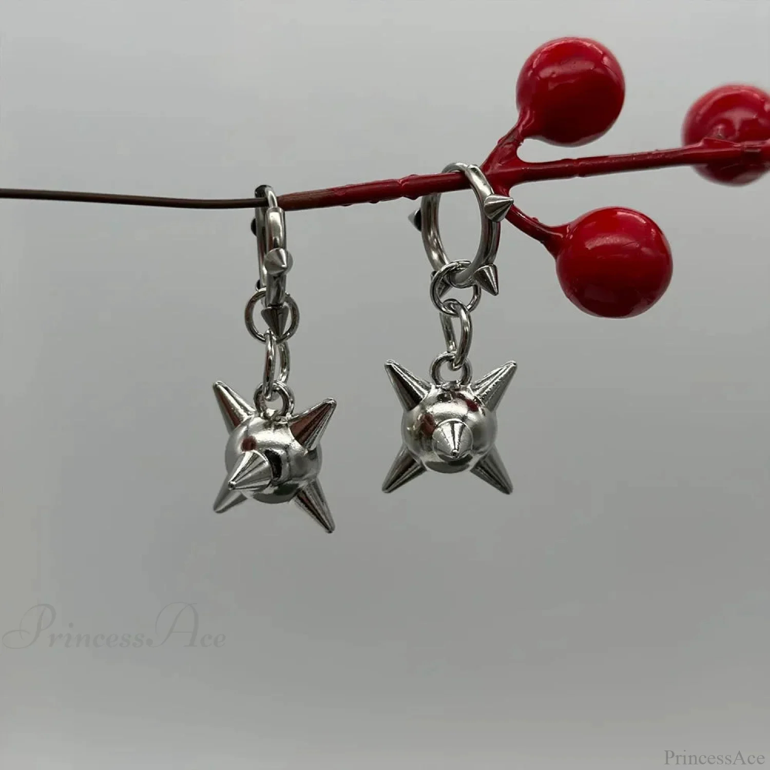 Dark Spiky Sphere Rivet Hoop Dangle Earring - Image 2
