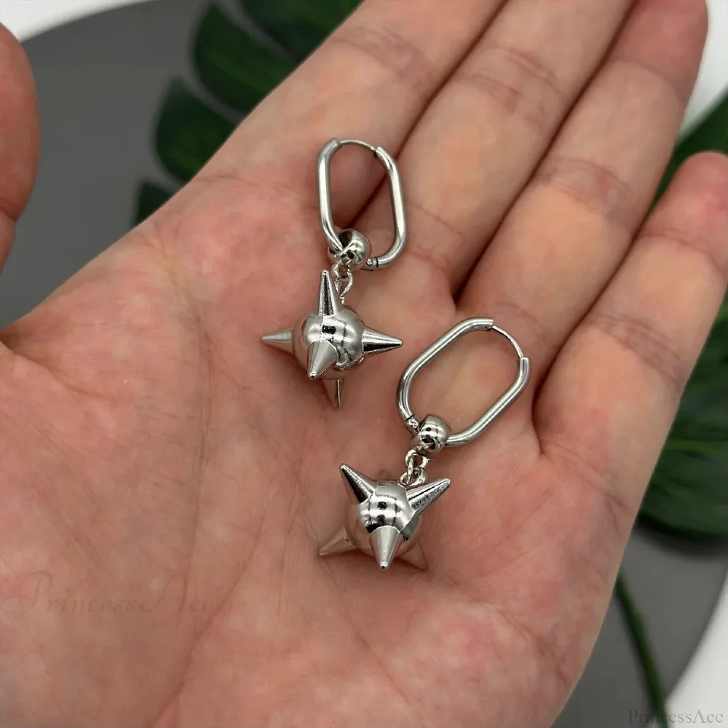 Dark Spiky Sphere Rivet Hoop Dangle Earring - Image 4