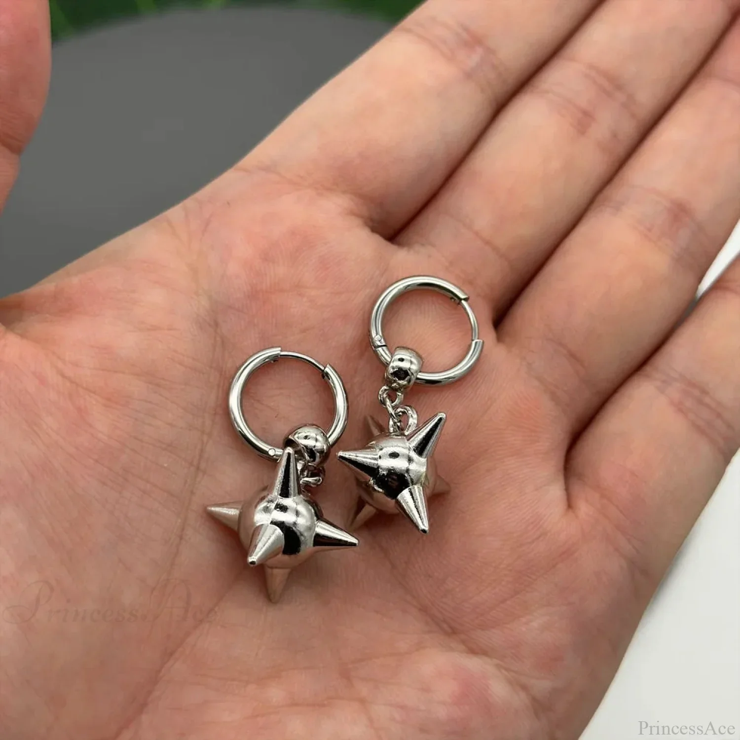 Dark Spiky Sphere Rivet Hoop Dangle Earring - Image 5