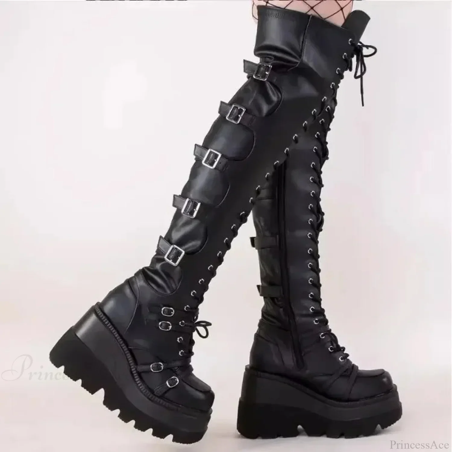 Dark Thigh Tall Platform Wedges Rebel Boot - Image 5