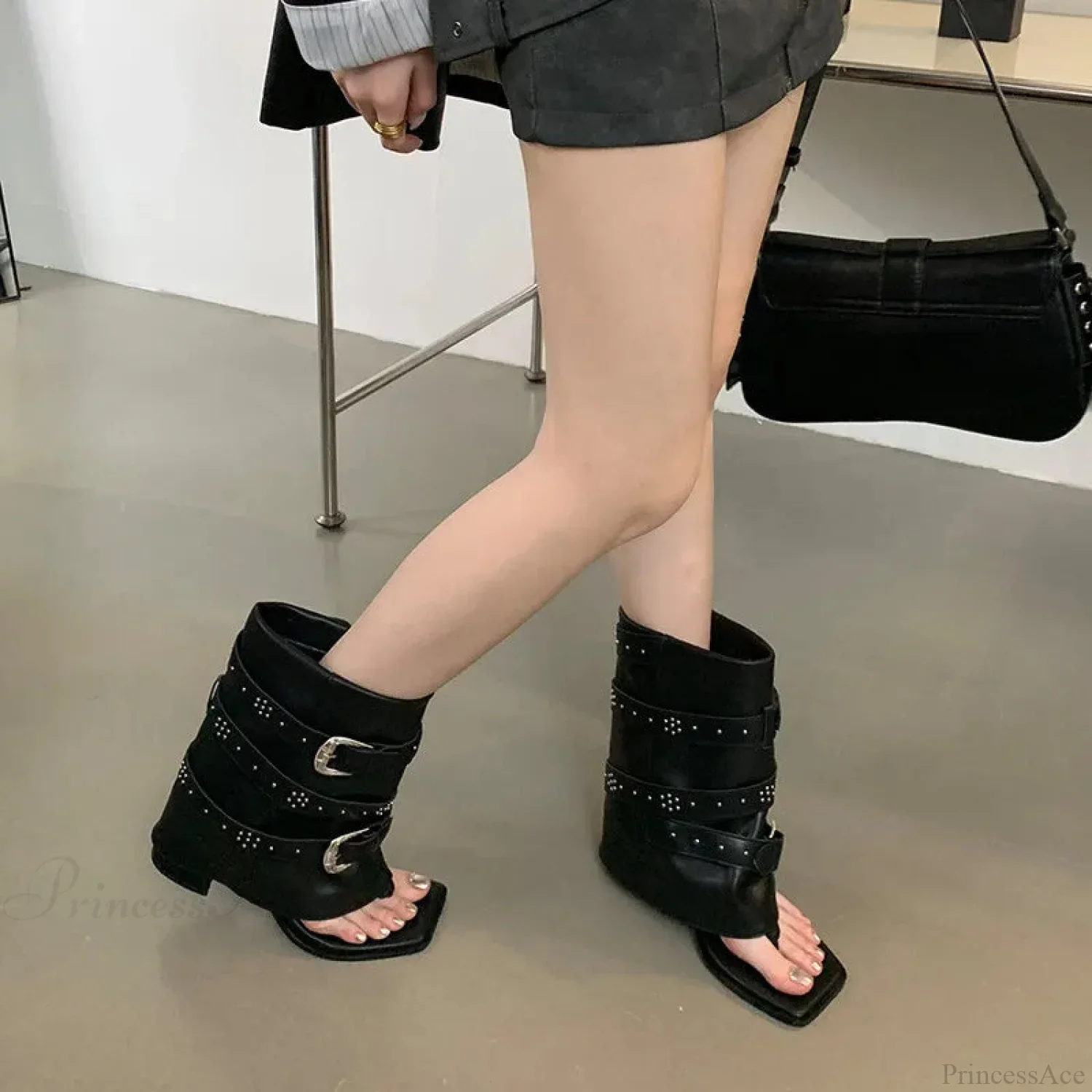 Dark Wedge Ankle Boot with Metal Clasp - Image 3