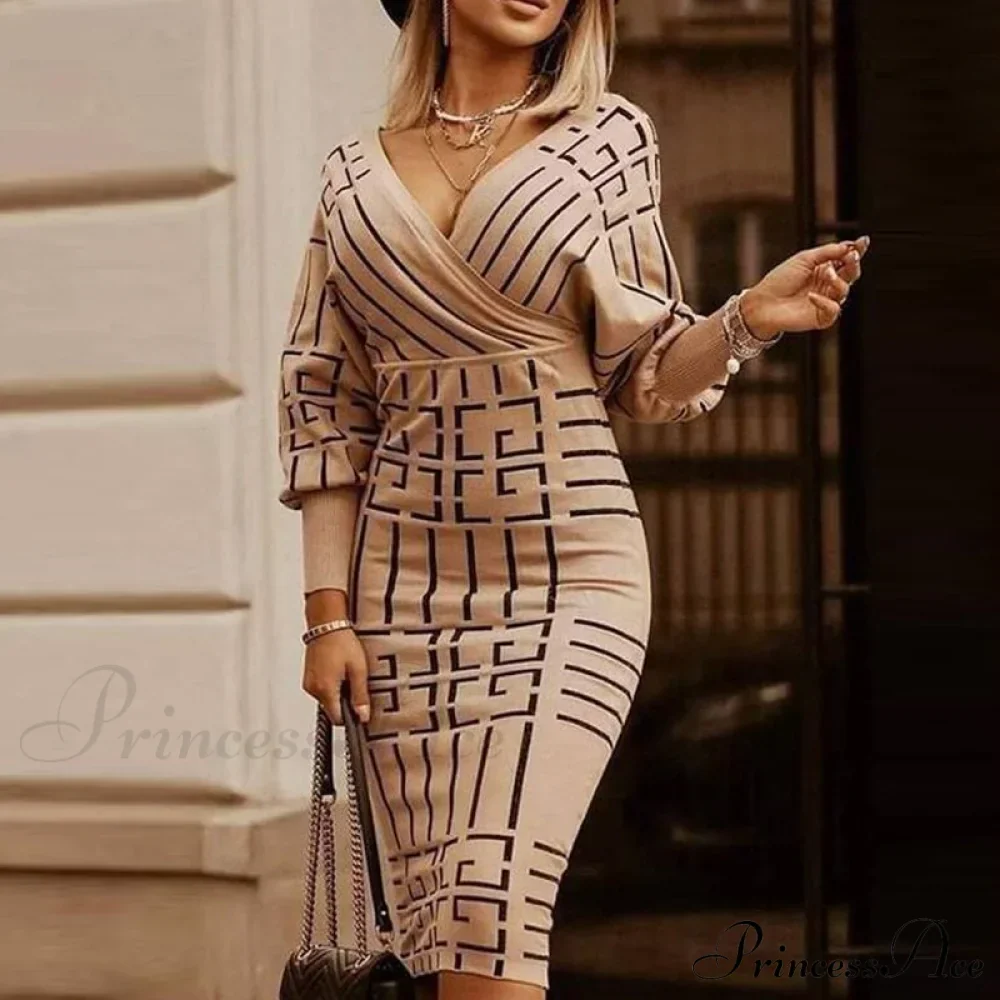 Deep - Party - V-Neck Plaid Gown Long Hip Streetwear Arm Spring Casual Autumn Gown Striped Vestidos - Image 4
