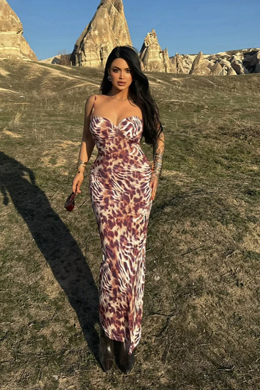 Deep V Animal Print Backless Cami Maxi Dress - Image 2