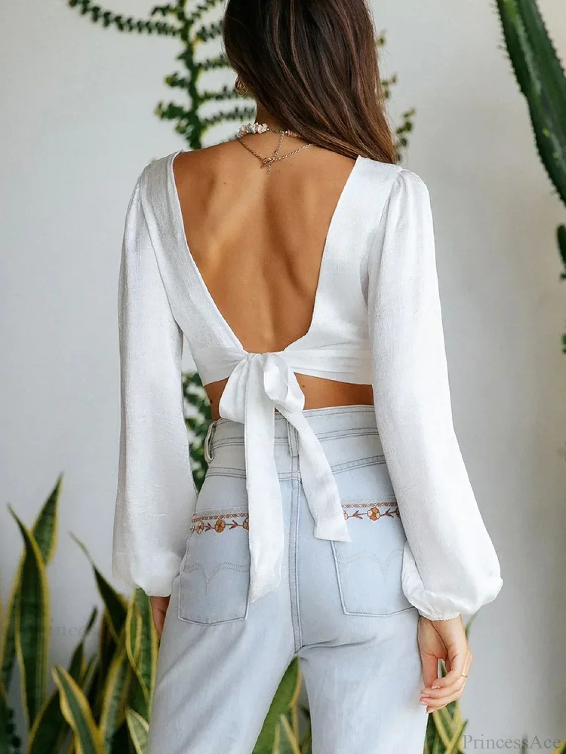 Deep V Cut Out Back Tie Backless Puff Sleeve White Blouse - Image 2