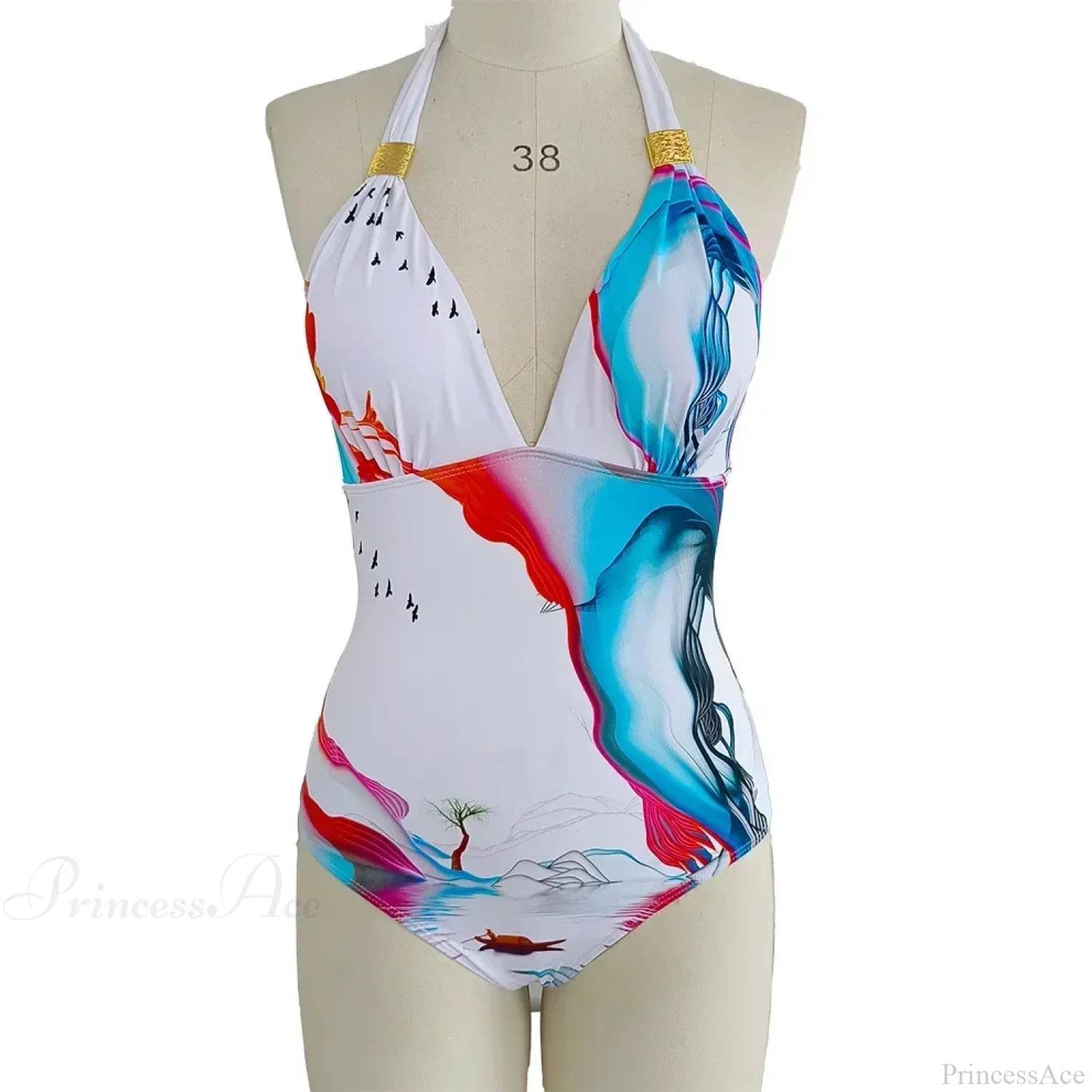 Deep V Halter Belly Cover One Piece Set - Image 7