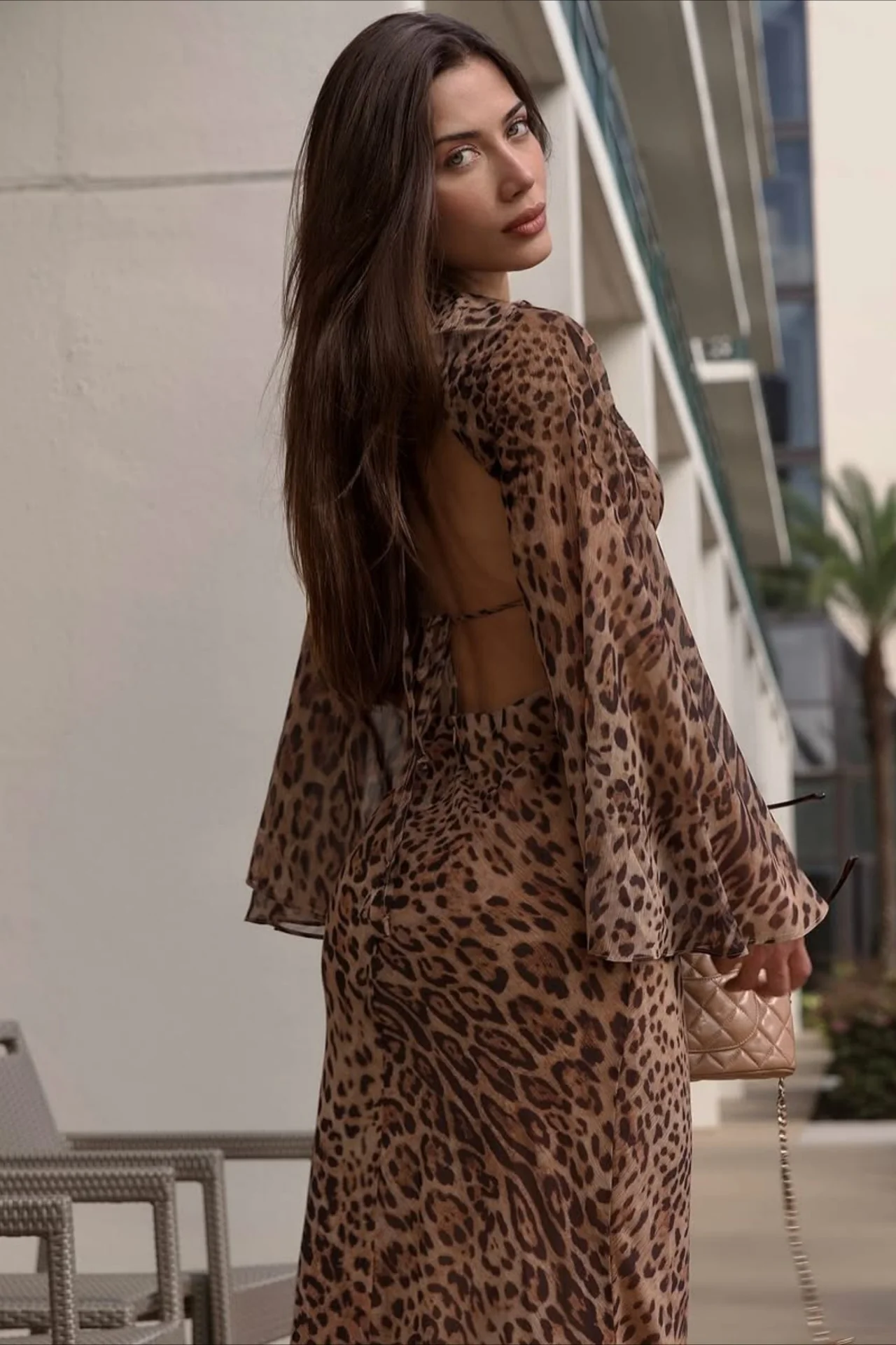 Deep V Leopard Tie Waist Bodycon Maxi Dress - Image 5