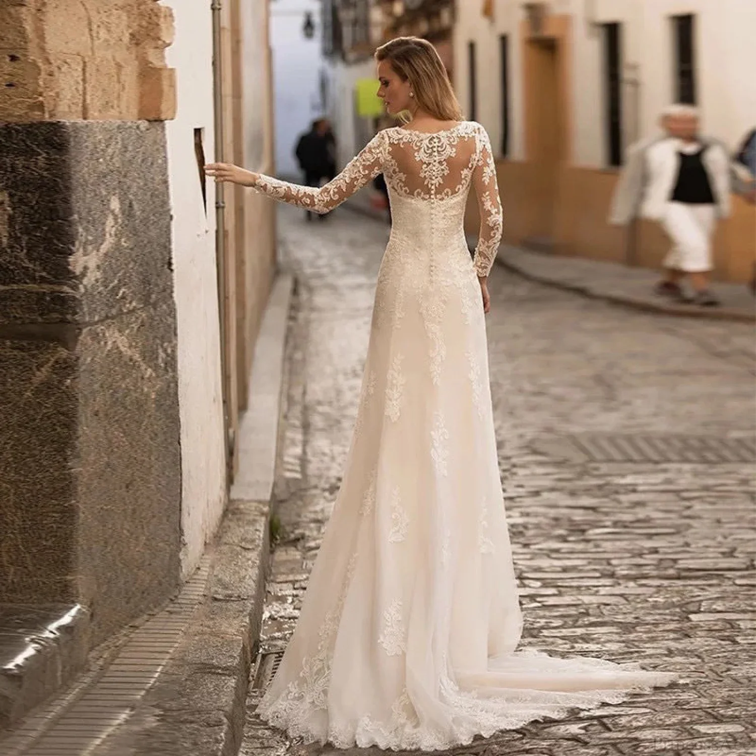 Deep V-Neck Backless Sheer Wedding Dress - Image 2