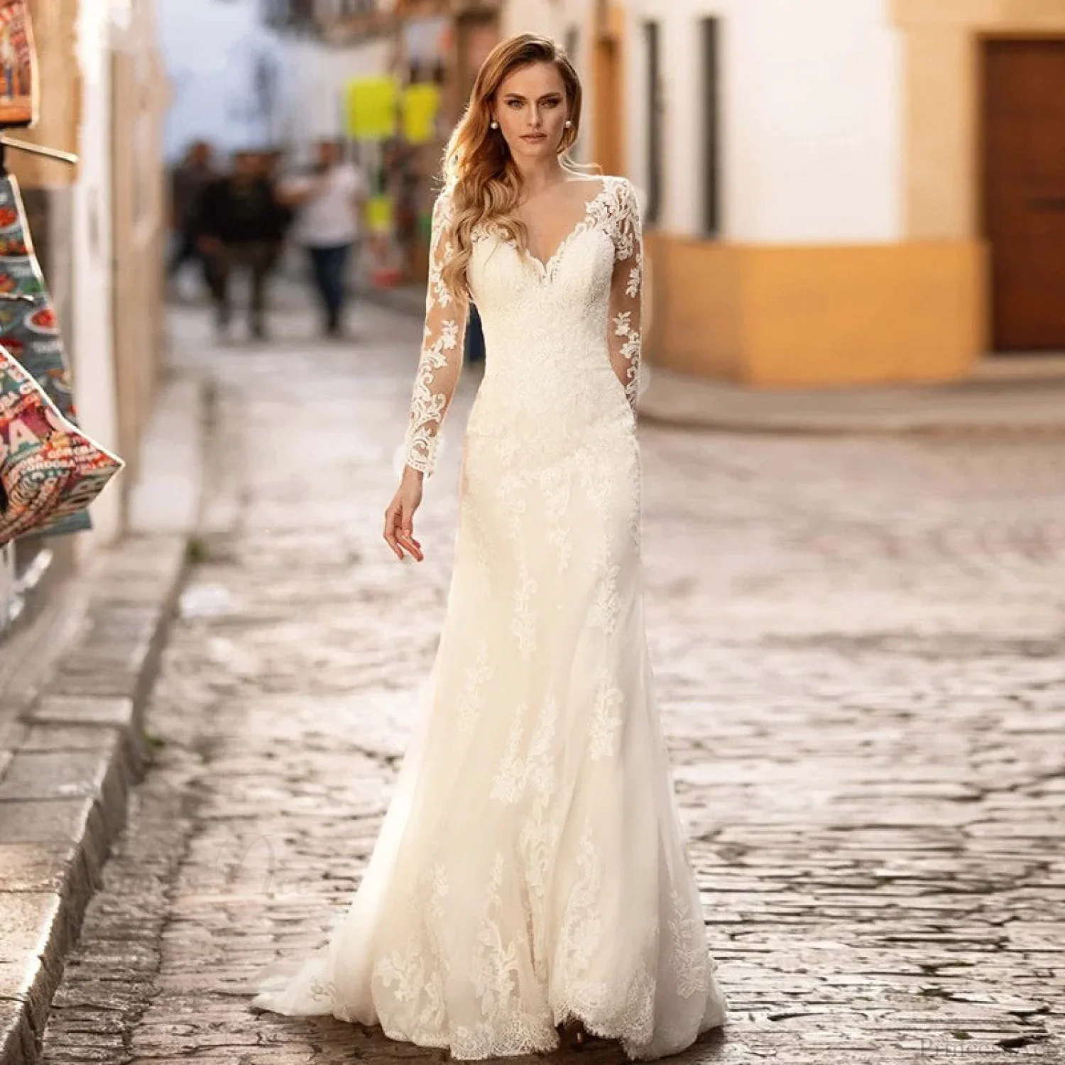 Deep V-Neck Backless Sheer Wedding Dress - Image 3