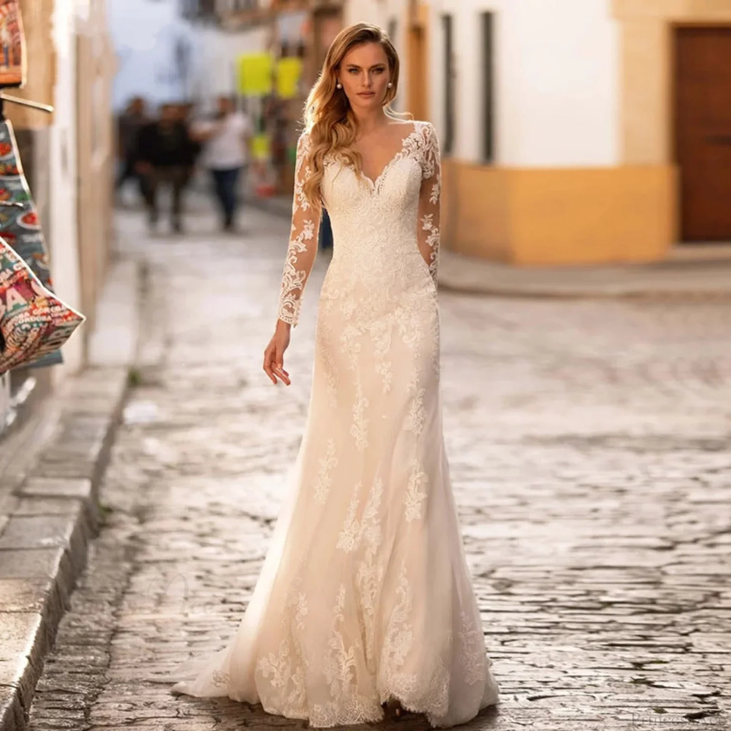 Deep V-Neck Backless Sheer Wedding Dress - Image 5