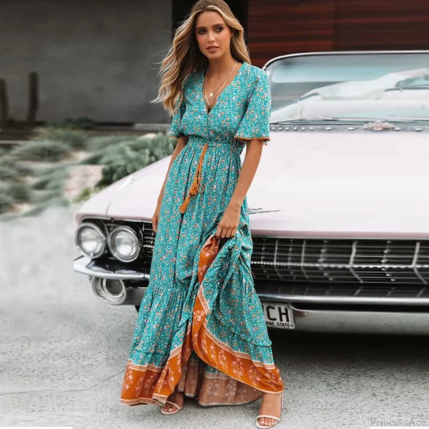 Deep V-neck Floral Boho Summer Dress - Image 2