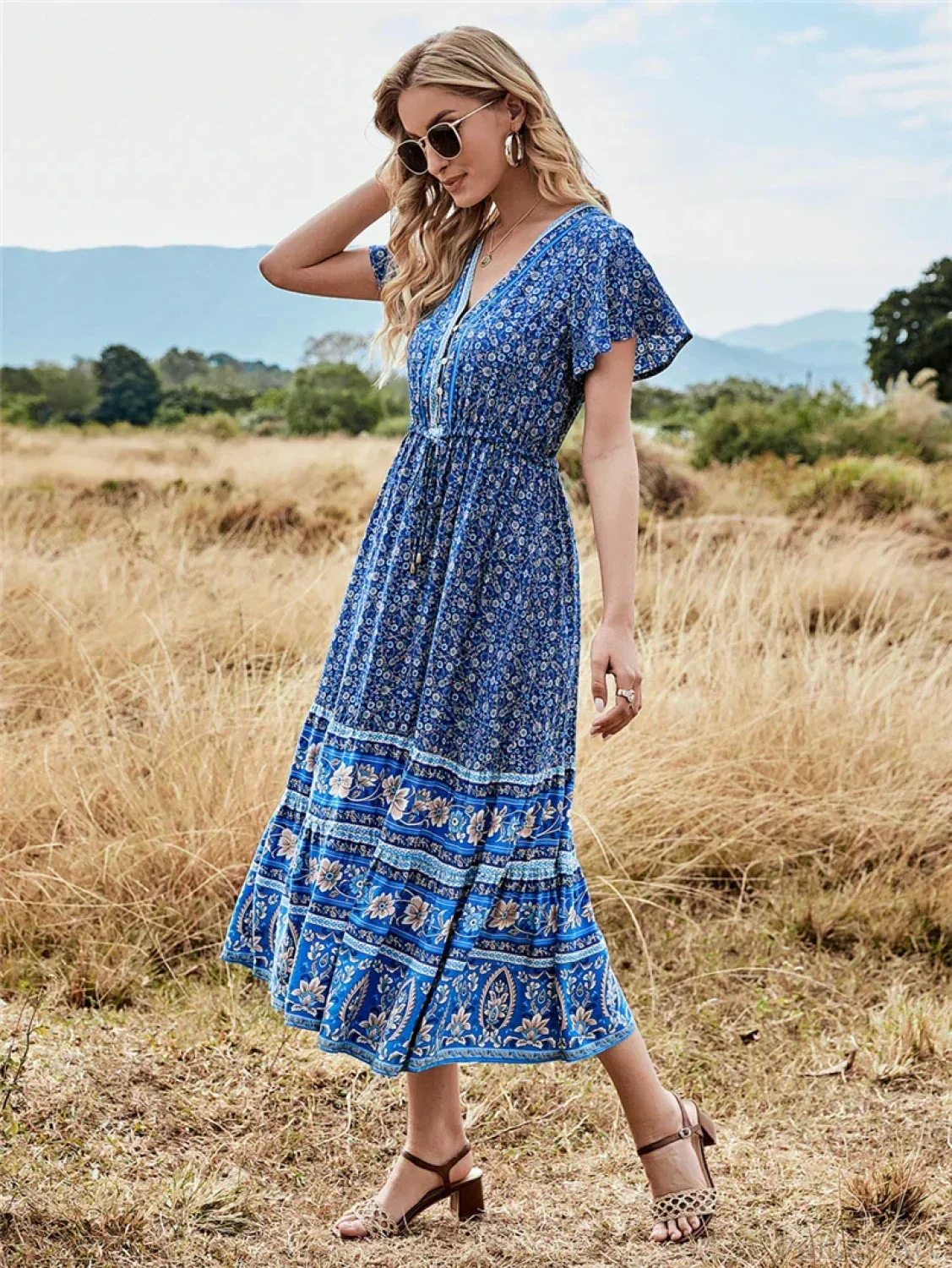 Deep V-neck Floral Button Pleated Maxi Boho Dress - Image 3