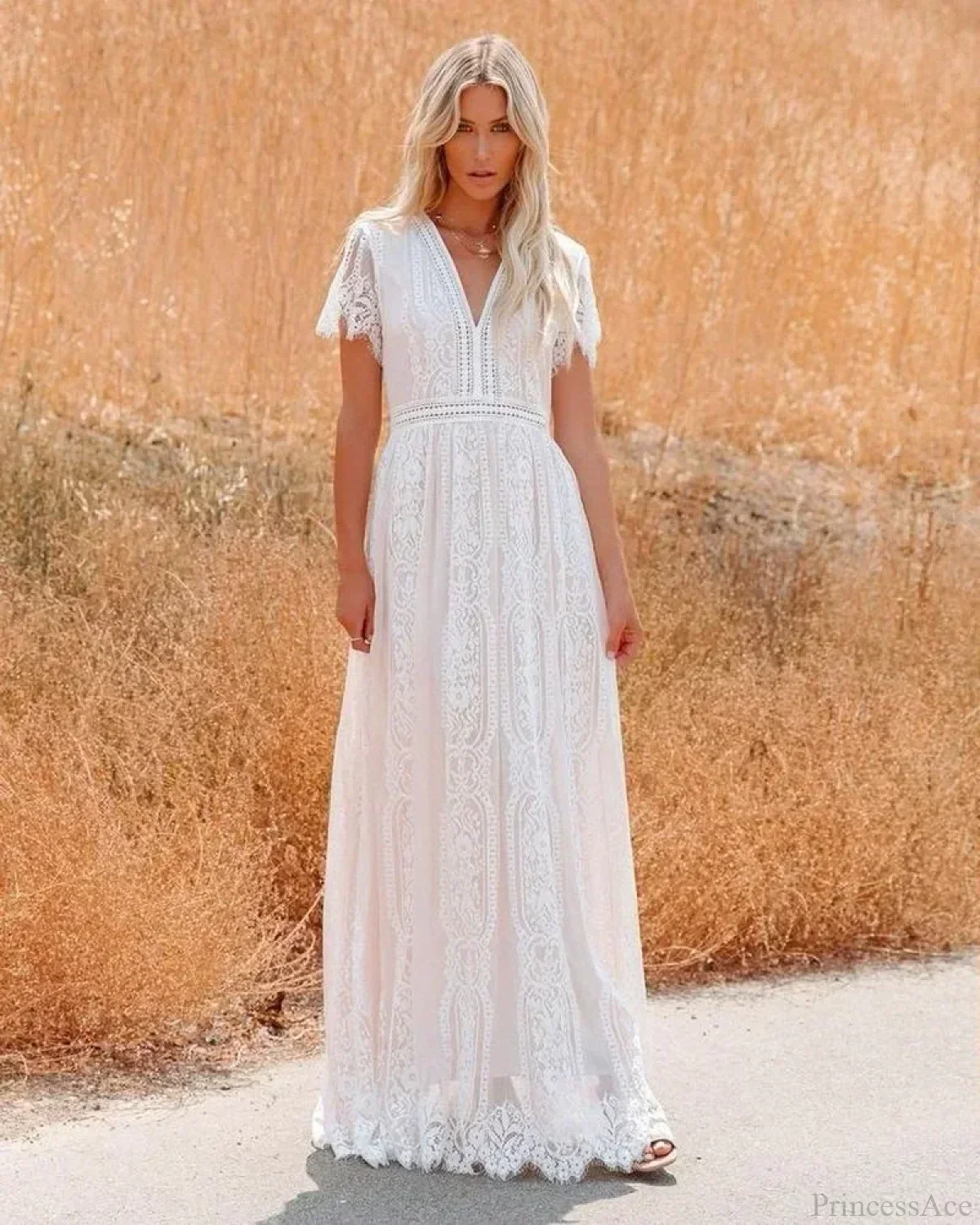 Deep V-neck Lace Hollow Out Vintage White Boho Dress - Image 2