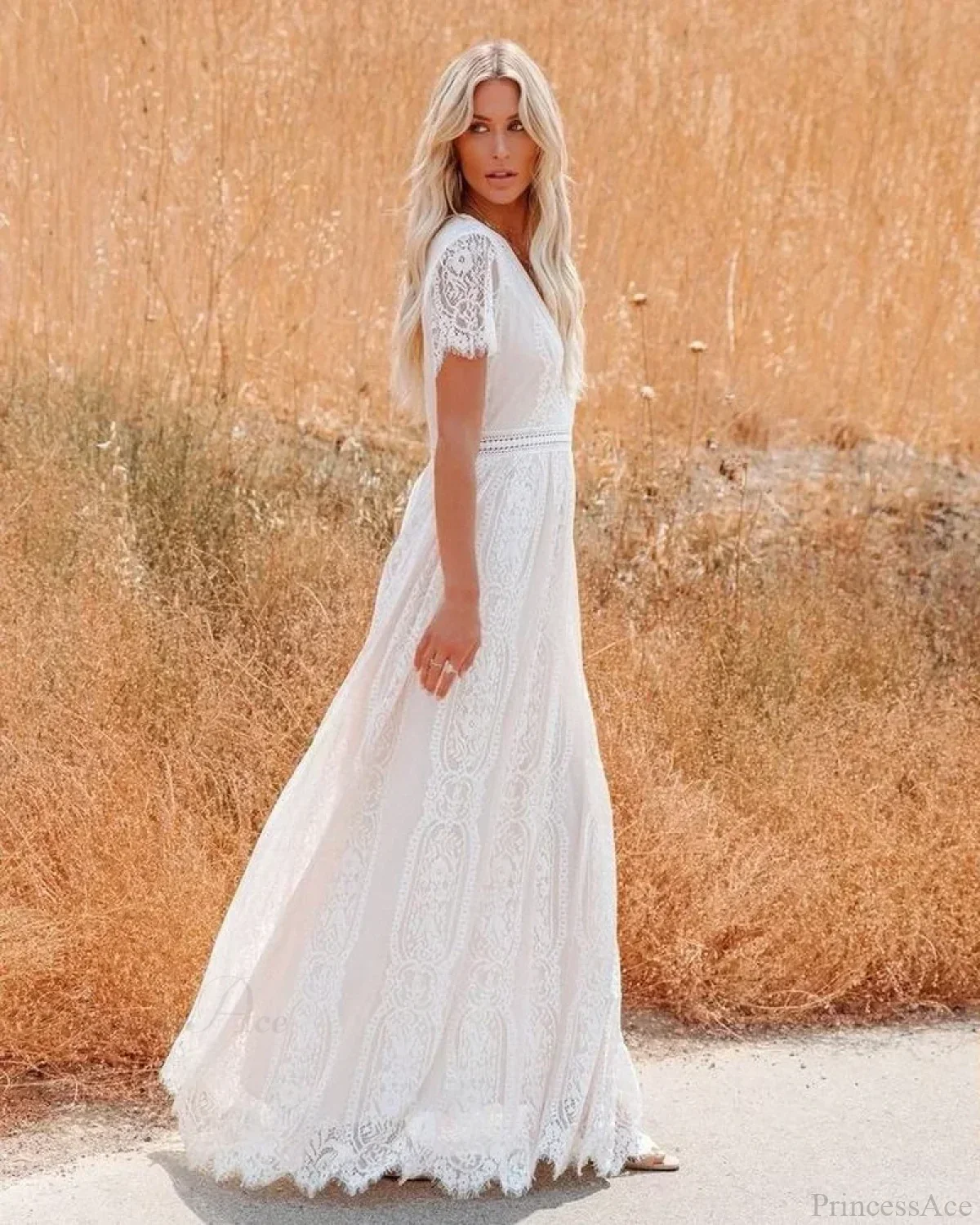 Deep V-neck Lace Hollow Out Vintage White Boho Dress - Image 3