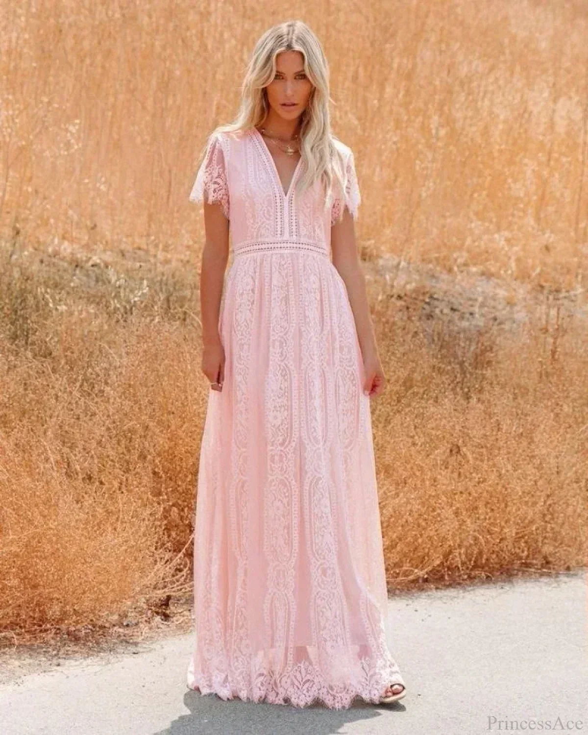 Deep V-neck Lace Hollow Out Vintage White Boho Dress - Image 4