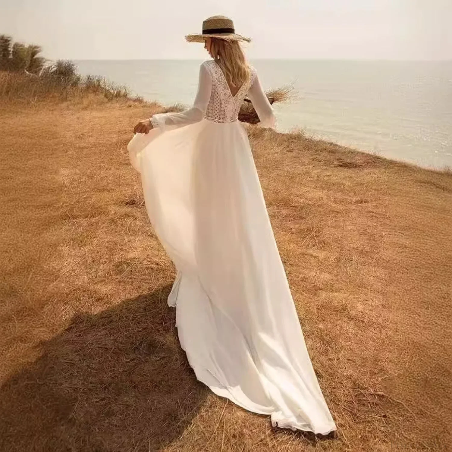 Deep V-Neck Long Sleeve Bridal Wedding Dress - Image 2