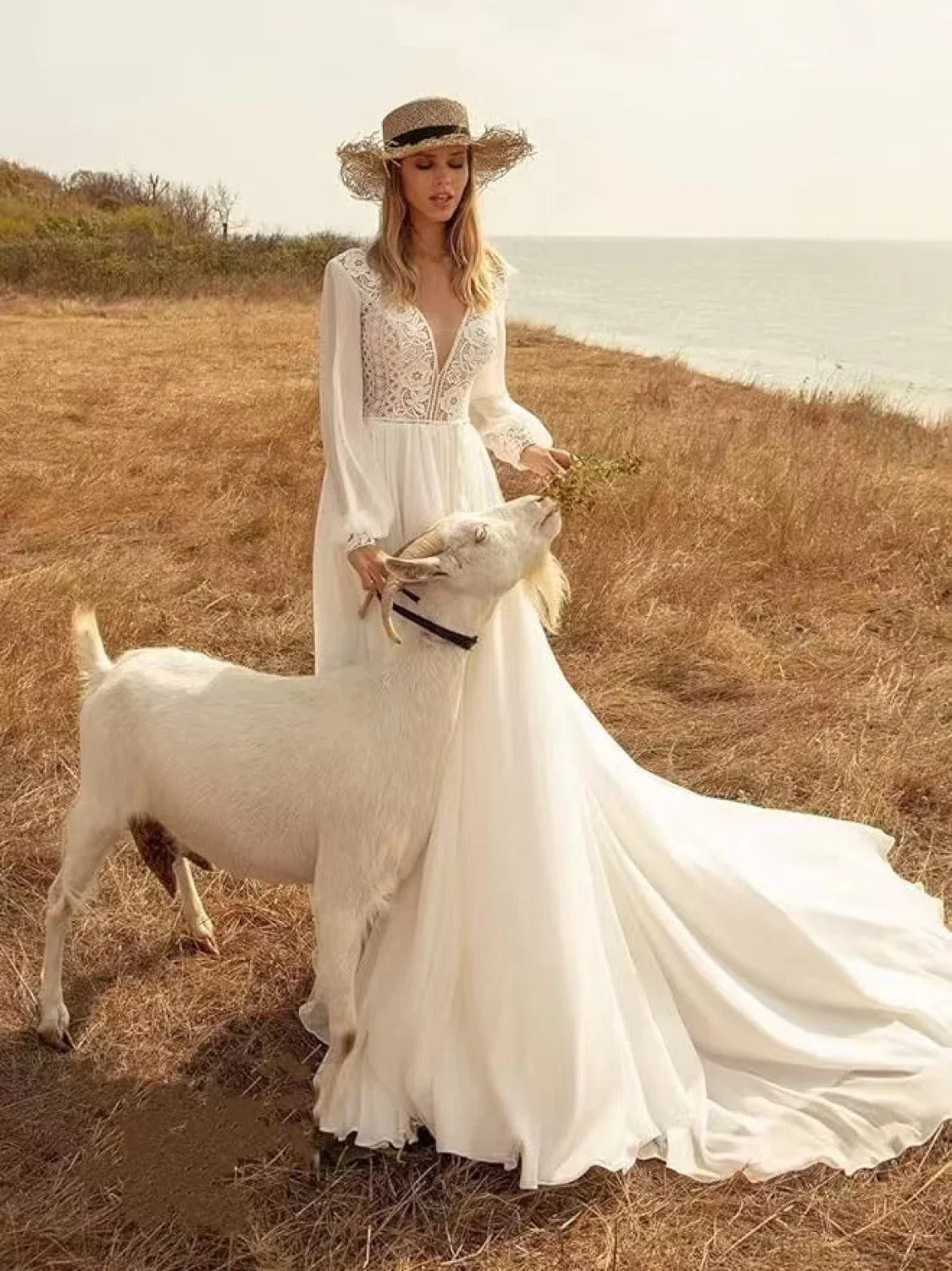 Deep V-Neck Long Sleeve Bridal Wedding Dress - Image 5