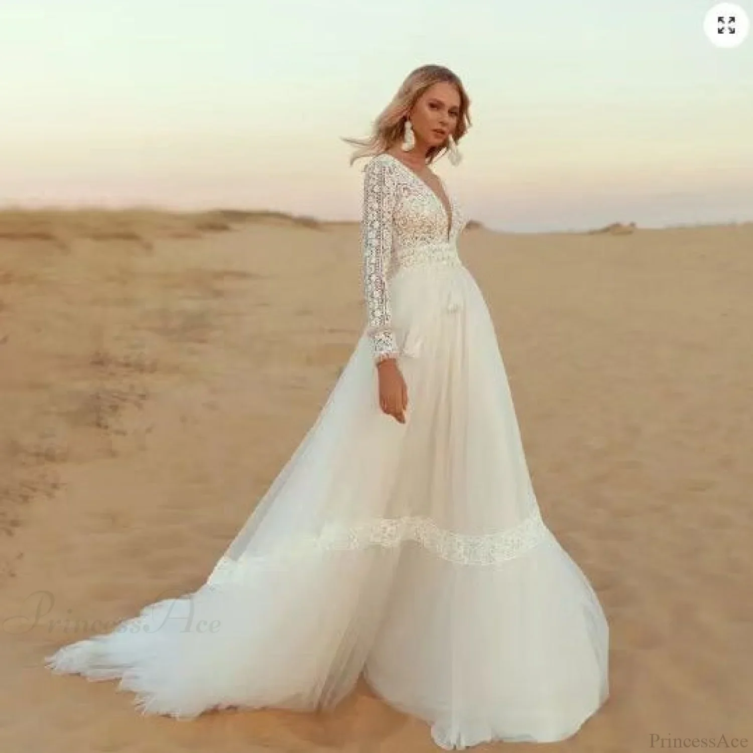 Deep V-Neck Long Sleeve Lace Wedding Dress - Image 3