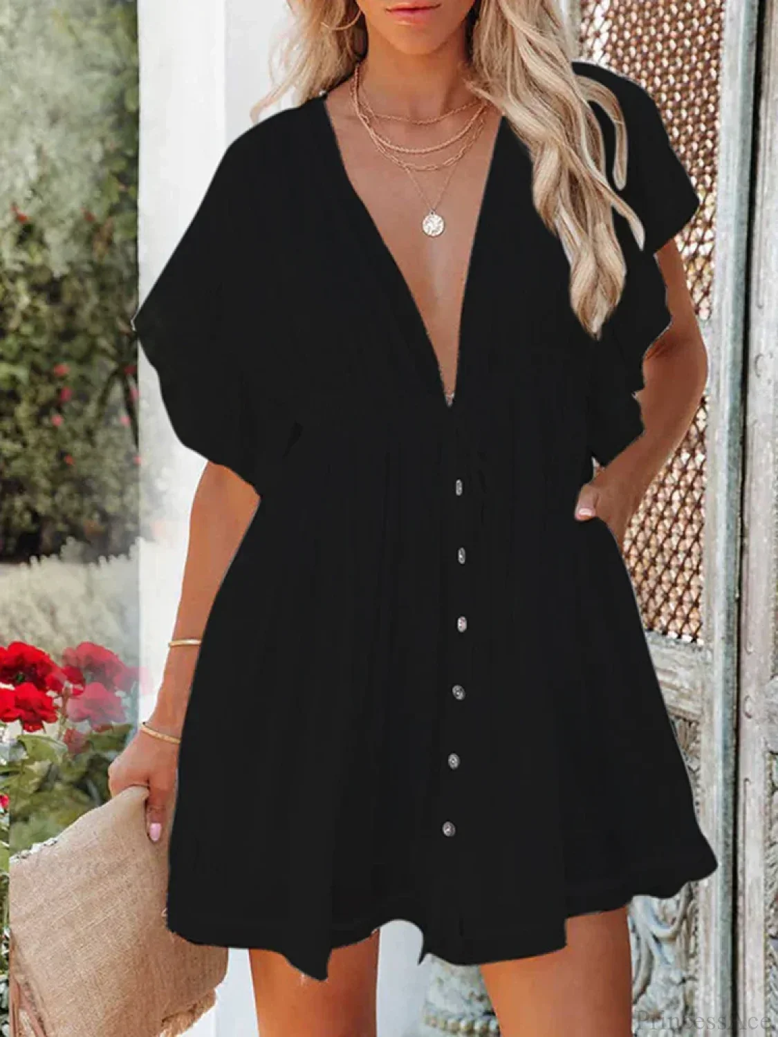 Deep V-Neck Ruffle Lace Up Beach Cover Up - Image 5