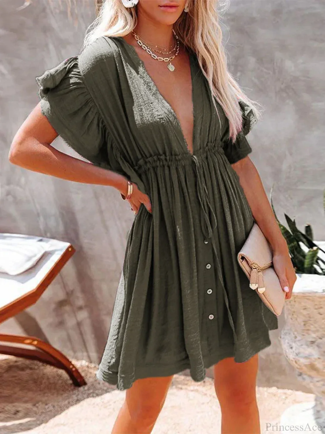 Deep V-Neck Ruffle Lace Up Beach Cover Up - Image 8