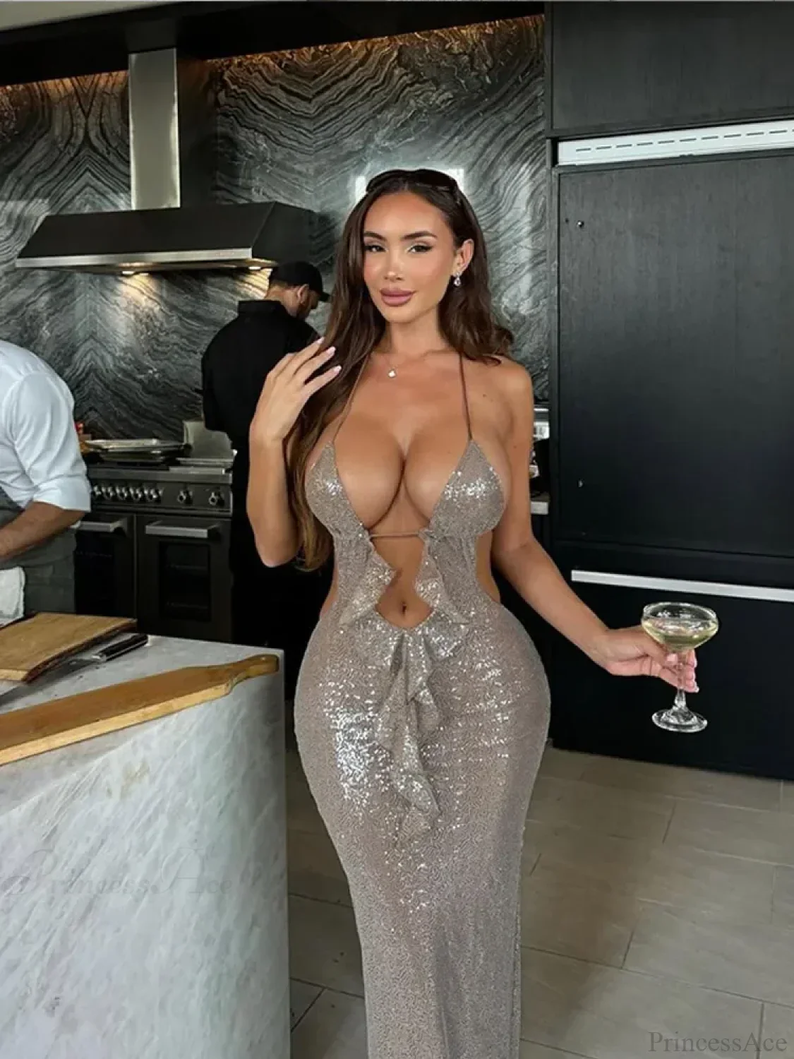 Deep V Neck Sequin Suspender Party Dress - Image 4