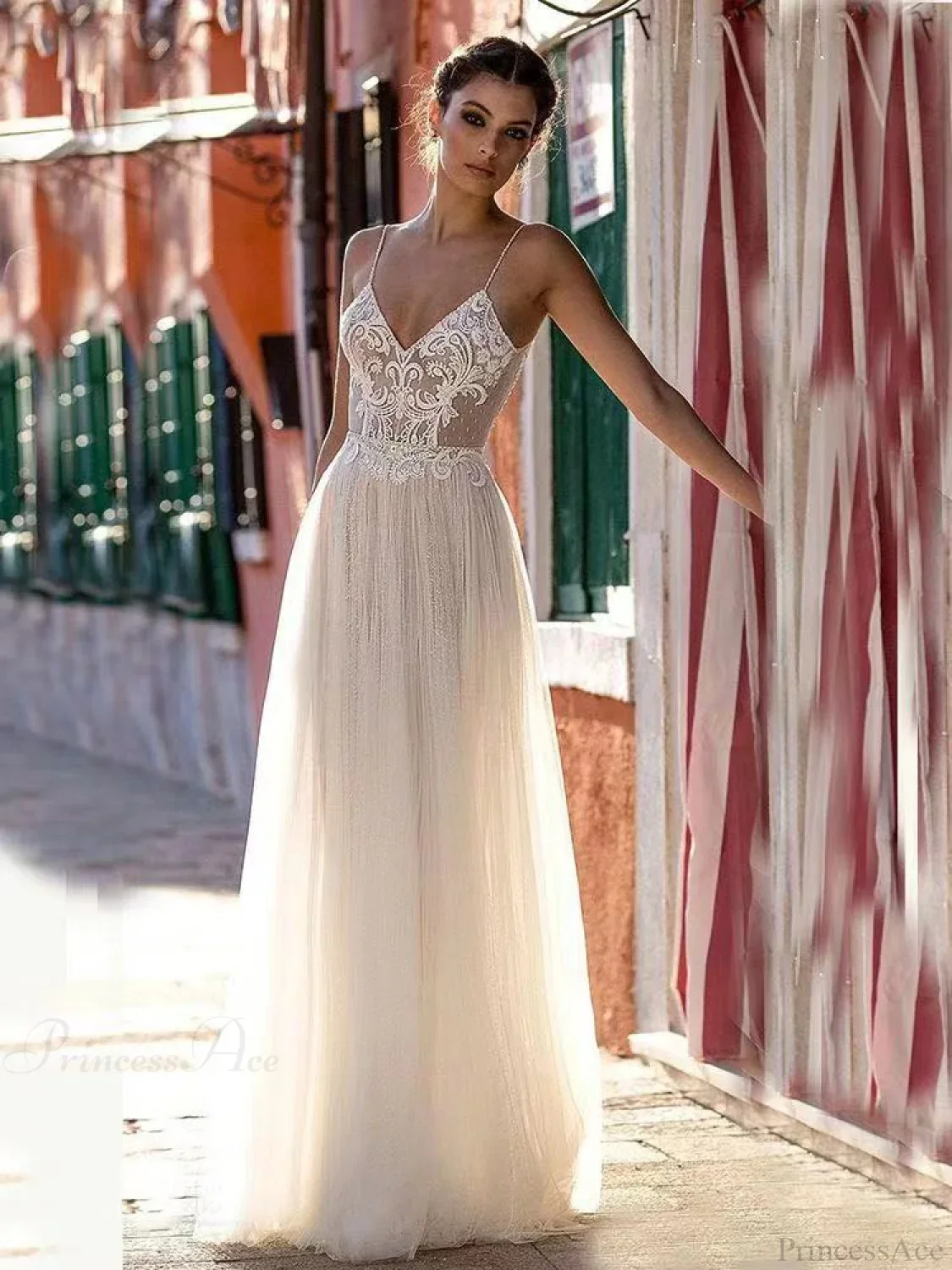 Deep V-Neck Sheer Tulle Wedding Dress - Image 3