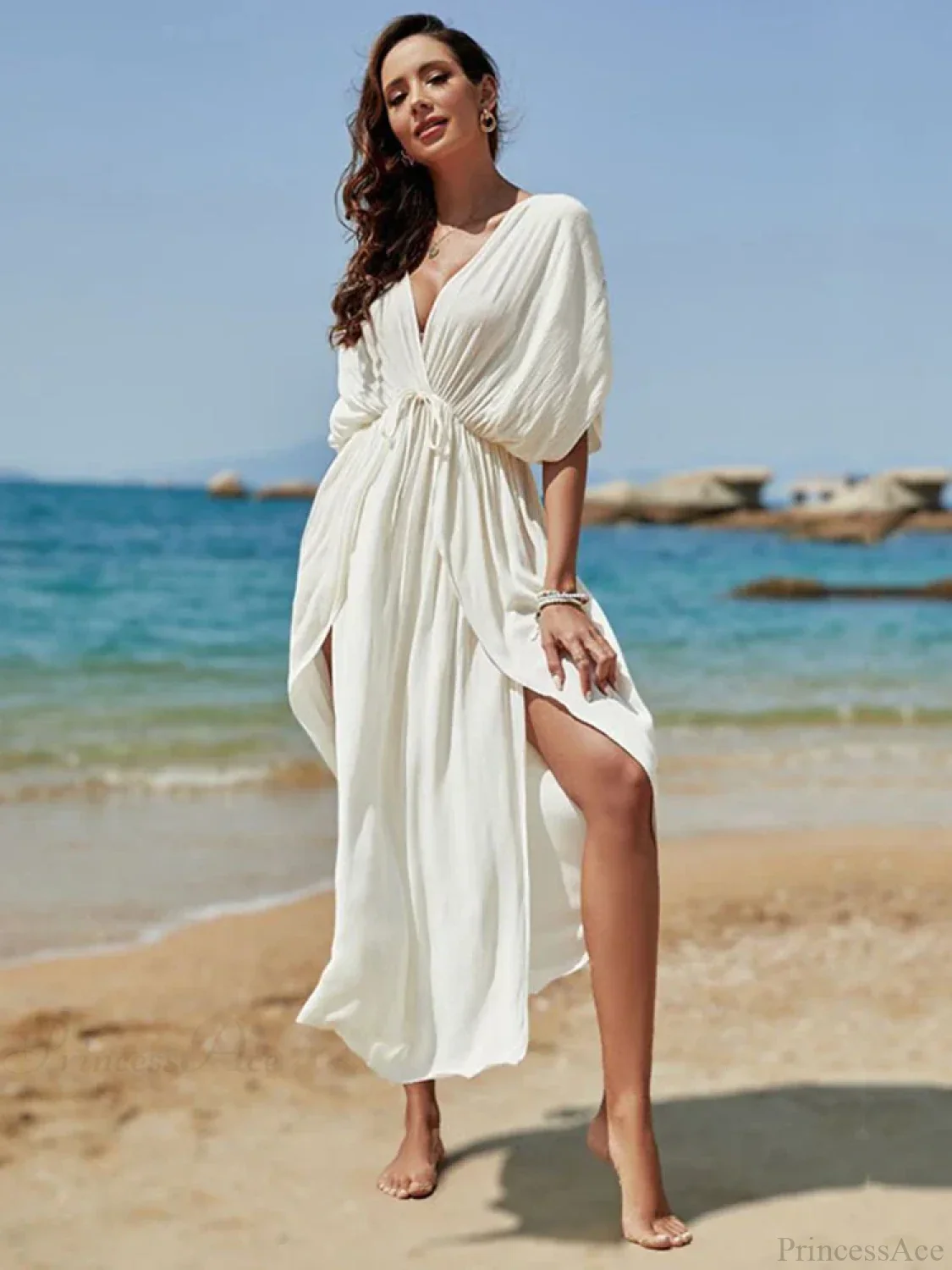 Deep V-Neck Slit Cut Bikini Cover Up Dress - Image 4
