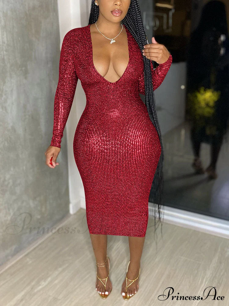 Deep V Neck Trendy Lace Up Midi Dress - Image 5