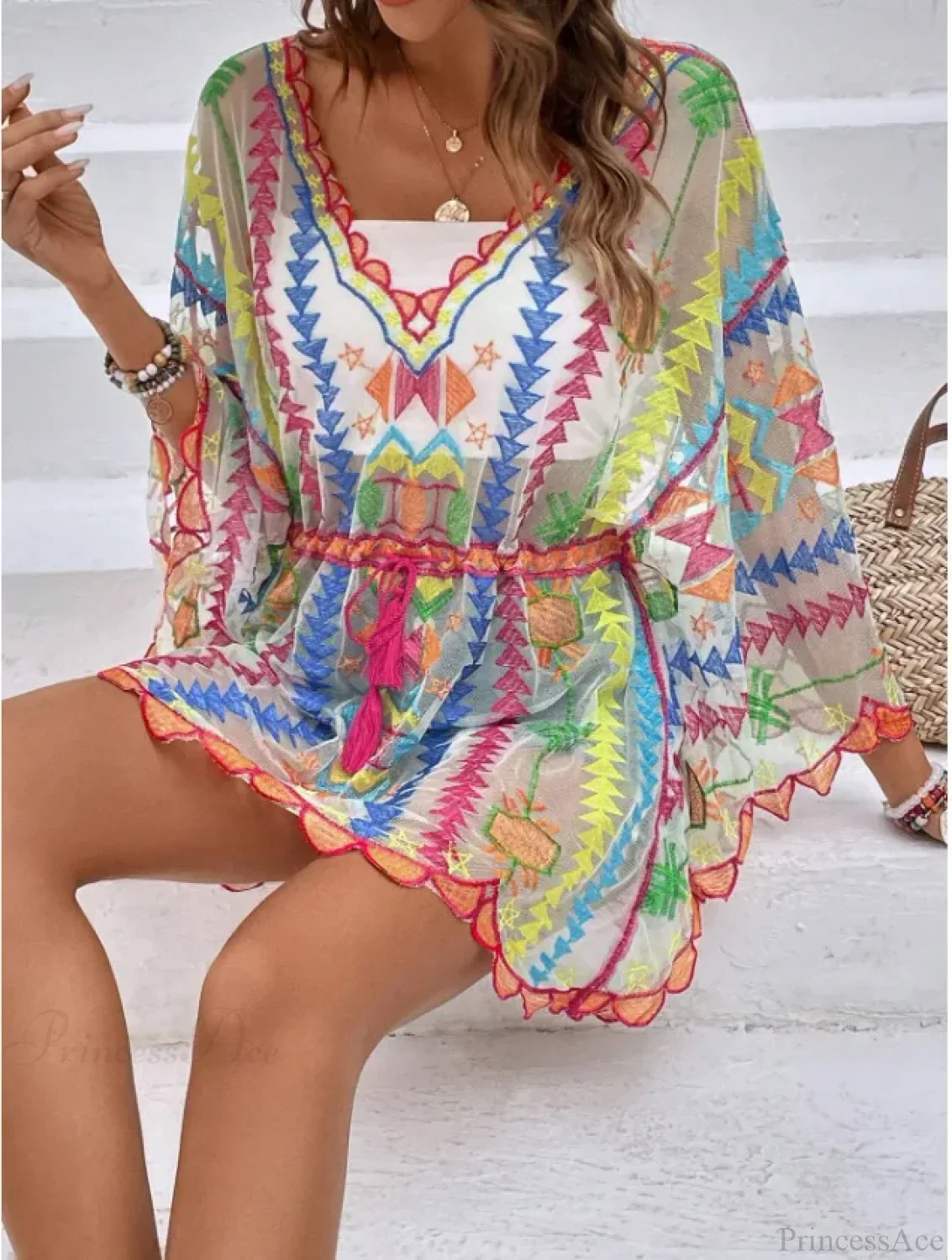 Deep V-neck Tunic Lace Boho Mini Beach Cover up - Image 2