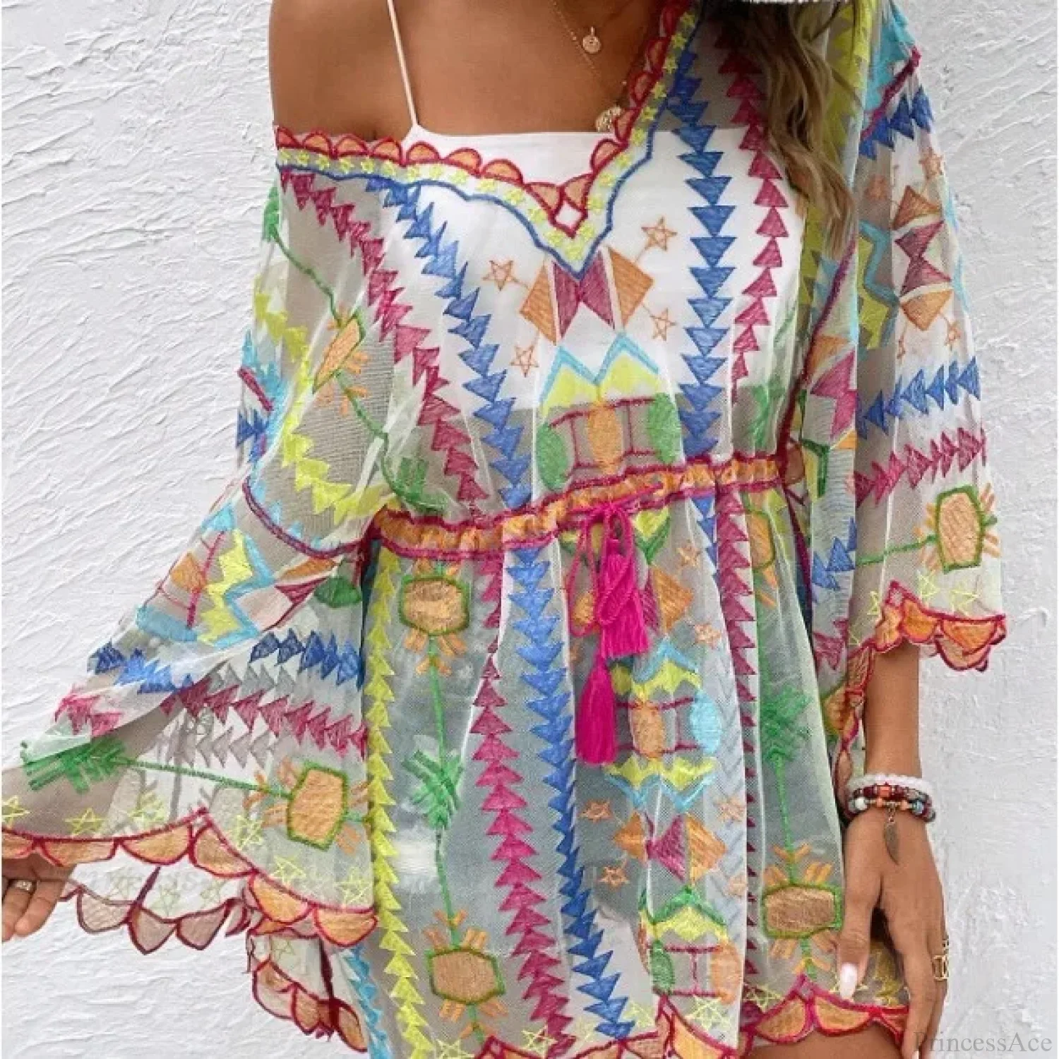 Deep V-neck Tunic Lace Boho Mini Beach Cover up - Image 6
