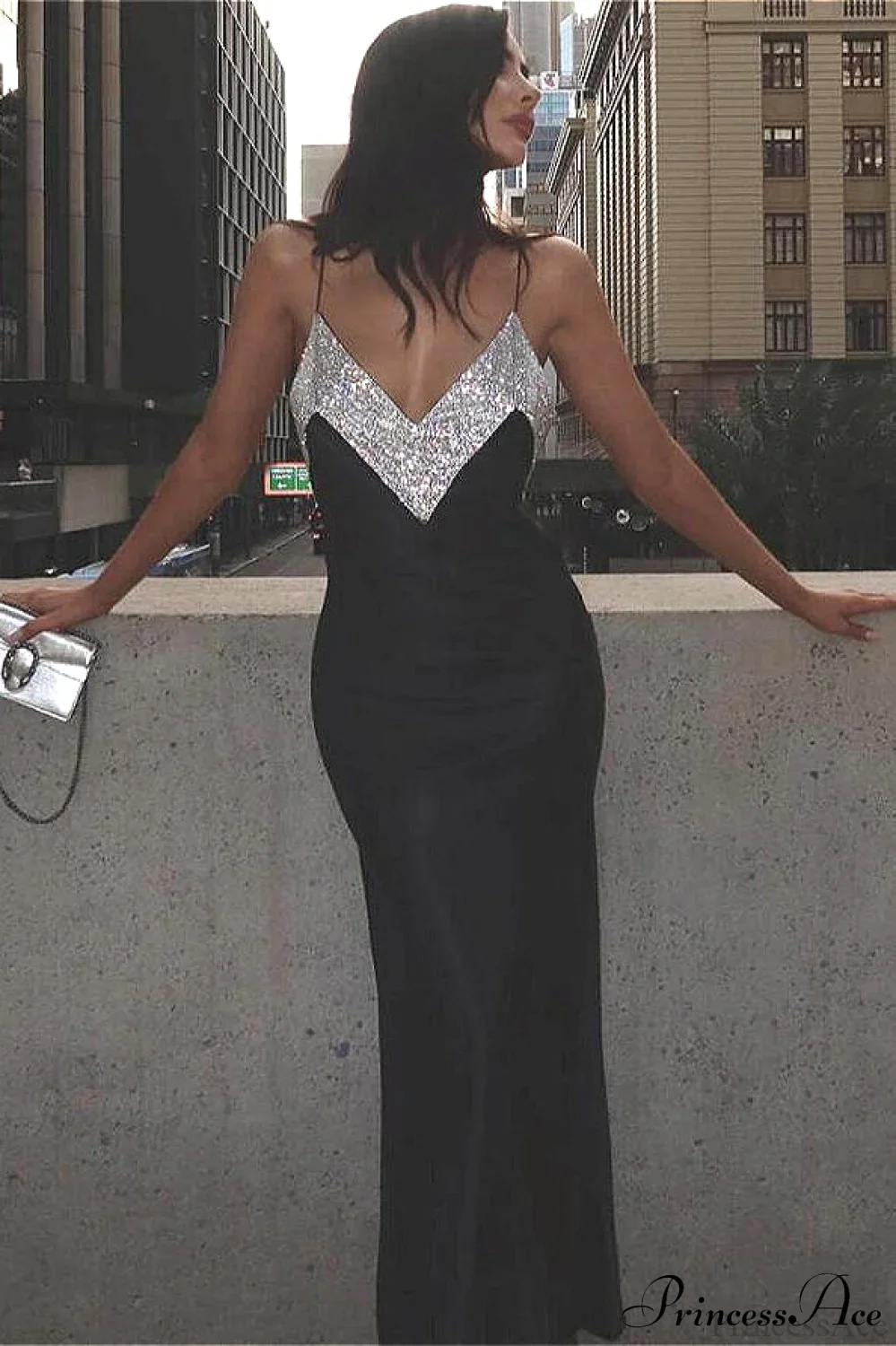 Deep V Rhinestone Collar Bandage Spaghetti Strap Maxi Party Dress