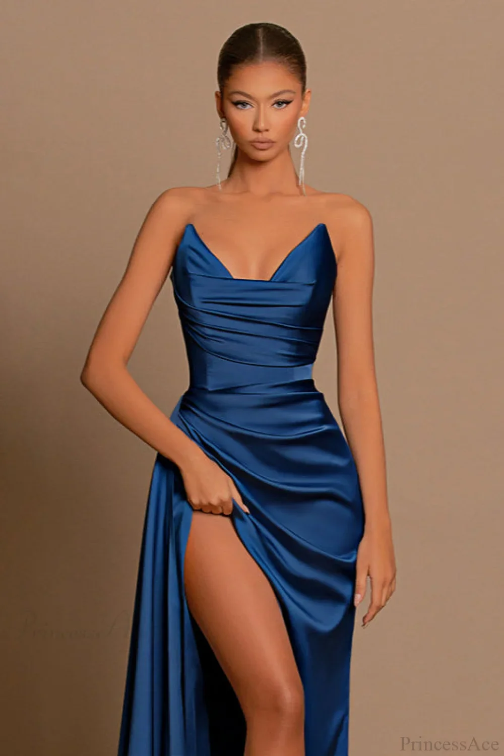 Deep V Waist-Cinched Satin Split Bodycon Party Dress - Image 2