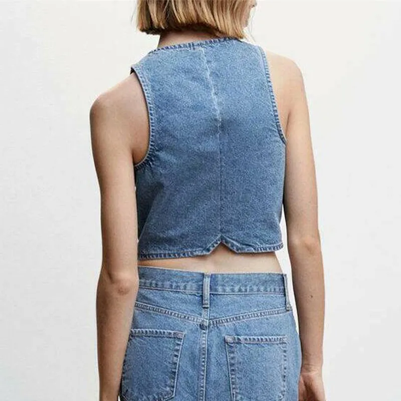 Denim Button V-Neck Crop Top - Image 4