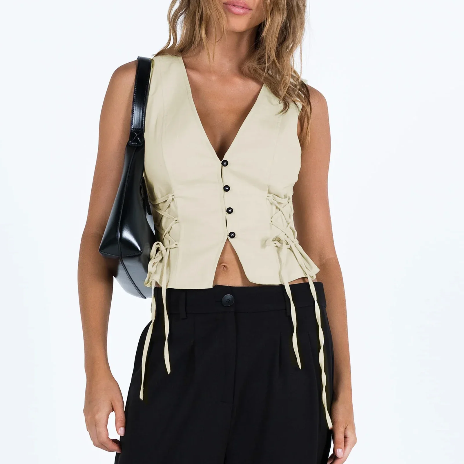 Denim Button V-Neck Crop Top - Image 4
