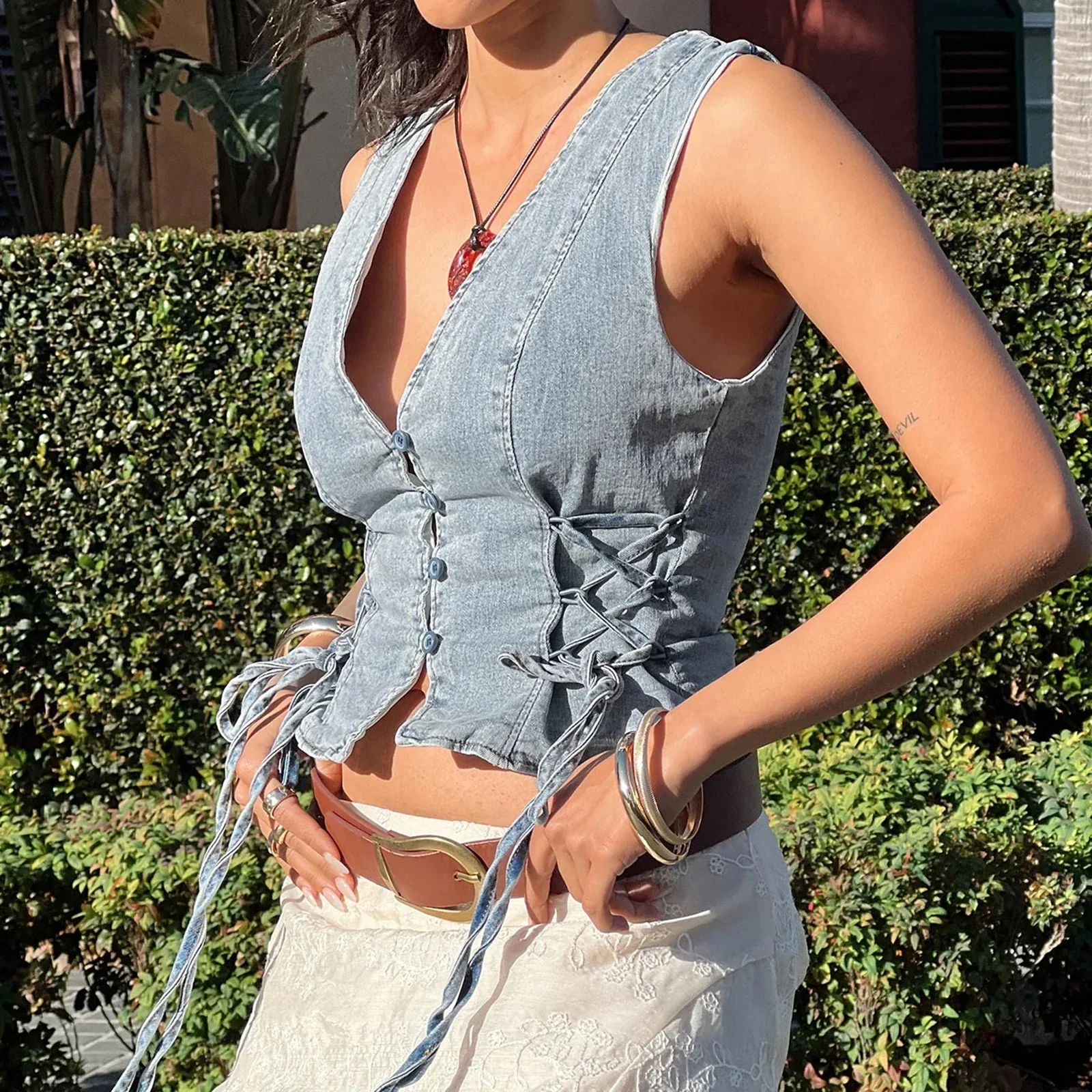 Denim Button V-Neck Crop Top - Image 5