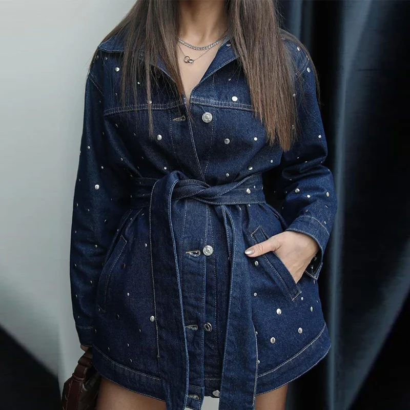 Denim Jacket Belted Trousers Office Two Piece Set - Image 3