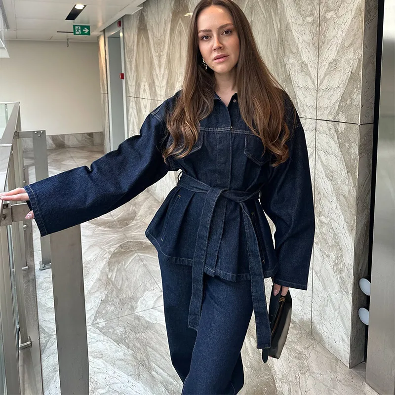 Denim Jacket Belted Trousers Office Two Piece Set - Image 4