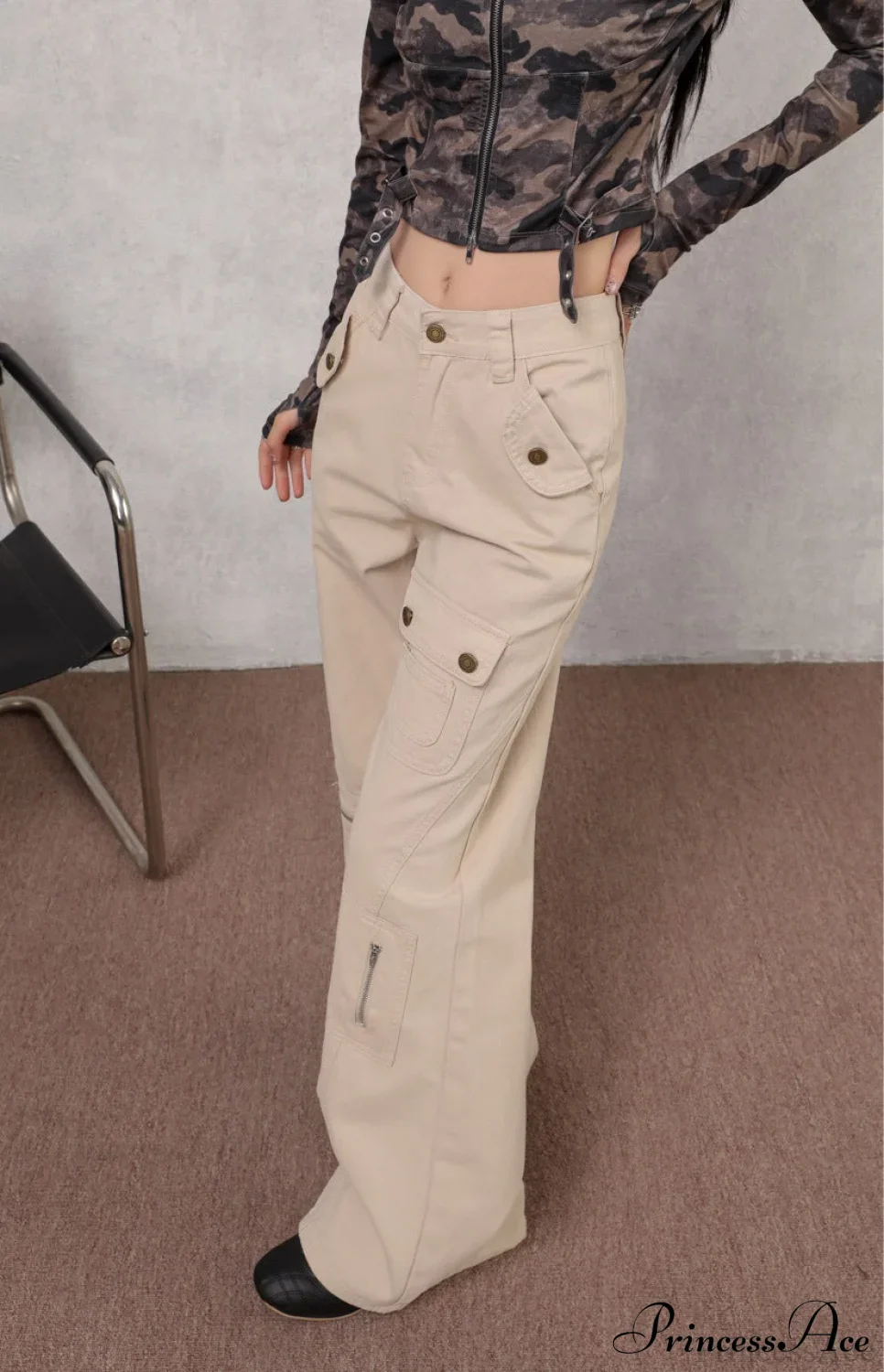 Denim Multi-Pocket High Waist Flared Cargo Pants - Image 2