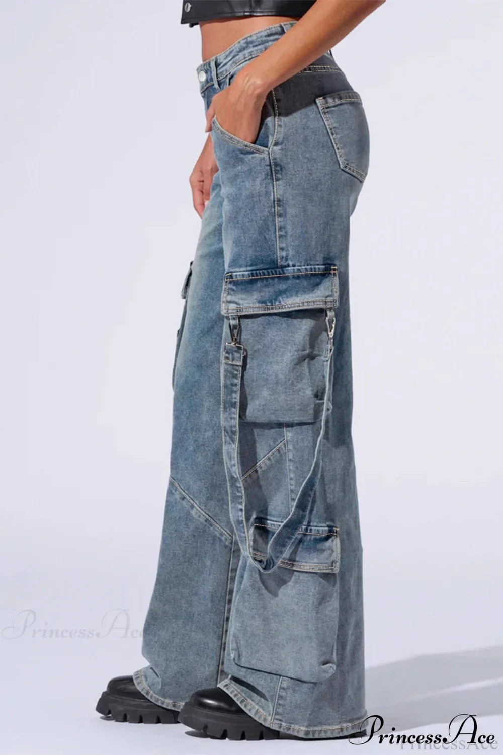 Denim Multi-Pocket Wide-Leg Cargo Pants - Image 3