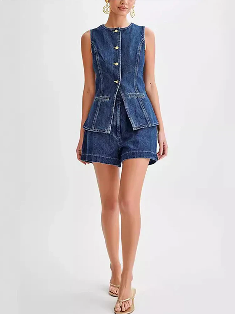 Denim O-neck Sleeveless Shorts Office Two Piece Set - Image 2